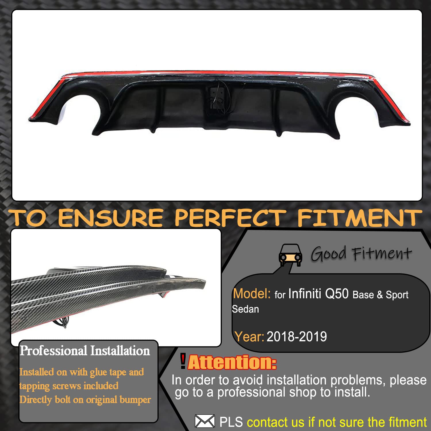 Carbon Fiber Rear Diffuser for Infiniti Q50 Q50S Base & Sport Sedan 2018-2021 - Lower Bumper Lip Spoiler Body Kit with Black Brake Light - Custom Fit for Enhanced Aerodynamics & Sporty Styling - Perfect for Car Enthusiasts & Performance Upgrades