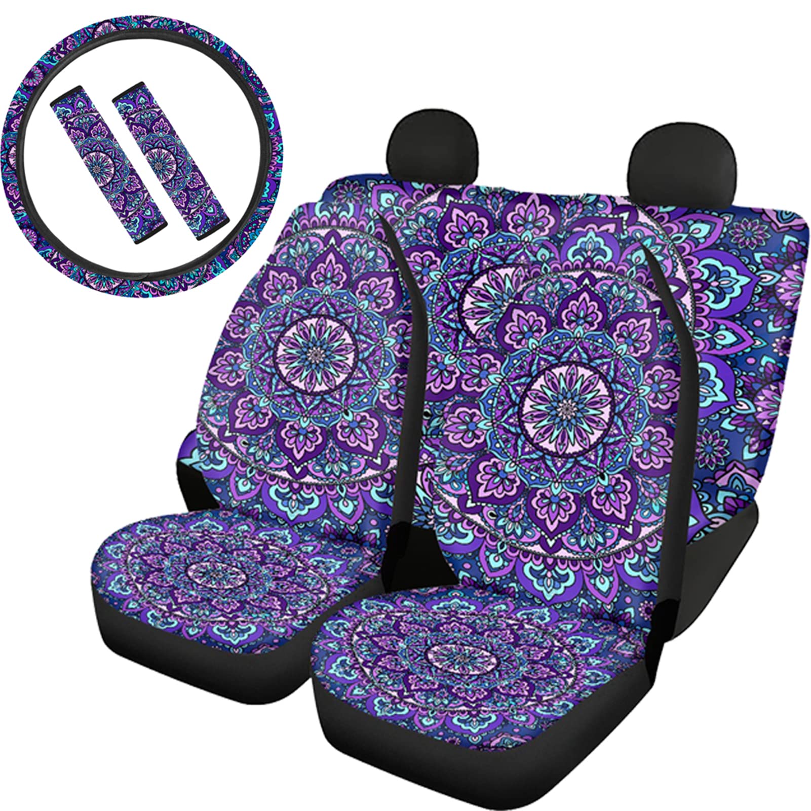 JEODODY Purple Mandala Print 2-Piece Car Seat Covers Set with Steering Wheel Cover & Seat Belt Pads (7-PC) - Universal Fit for Cars, Vans & SUVs - Premium Protection & Stylish Upgrade for Daily Commute & Road Trips