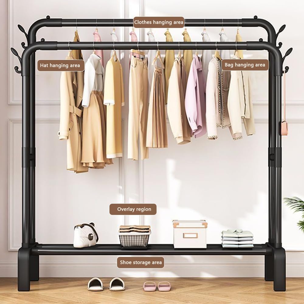 Double Rod Garment Rack with 4 Hooks - Heavy Duty Clothes Hanging Organizer for Coats, Shirts, Skirts & Sweaters | Space Saving Bedroom & Closet Storage Solution | Perfect for Small Spaces, Dorm Rooms & Laundry Areas