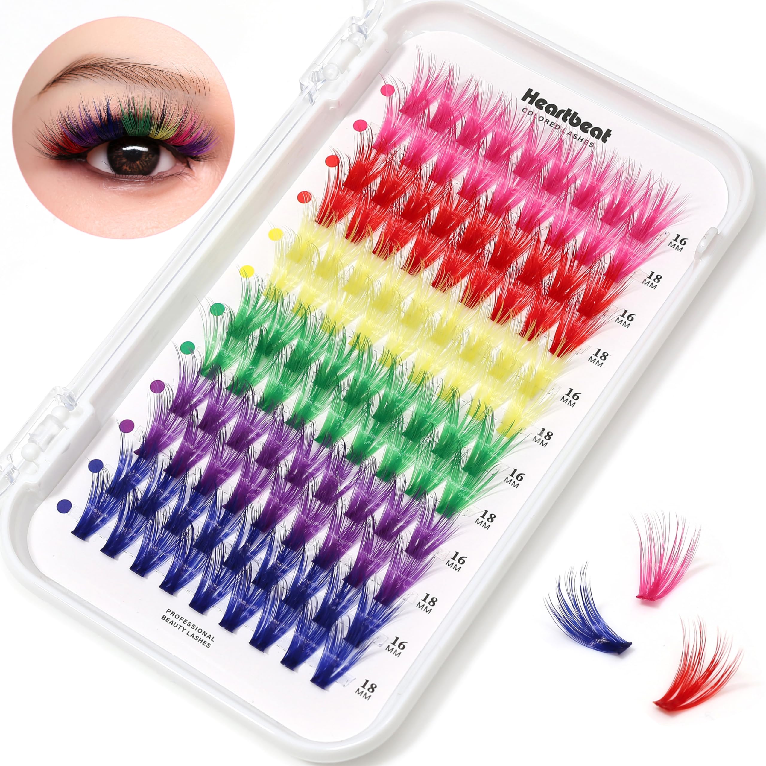 6 Colors Natural Volume Long Thick Dramatic DIY Eyelash Extensions - 16mm & 18mm Mixed Soft Faux Mink Cluster Lashes for Everyday Glam & Special Occasions (Heartbeat C2-A)