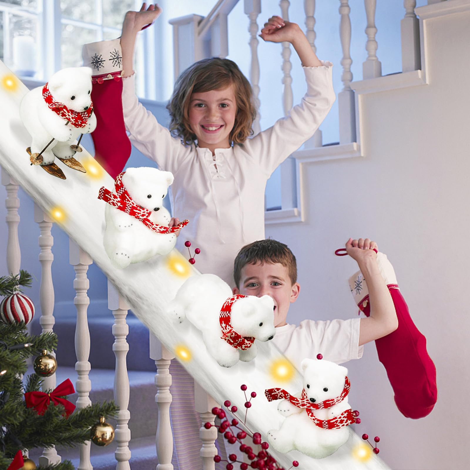 Polar Bear Christmas Staircase Decorations Set - 4PCS Skiing Polar Bears with Artificial Snow & LED Lights for Holiday Stair Decor | Indoor Home Christmas Decor for Staircase, Banister, and Entryway