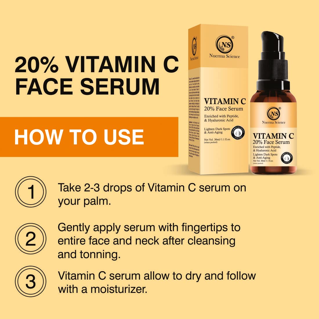 Nuerma Science 20% Vitamin C Serum with Hyaluronic Acid & Vitamin E - Dark Spot Corrector, Anti-Aging Face Serum for Brighter Skin, Reduces Pigmentation & Wrinkles (30ml) - Perfect for Morning Skincare Routine & Night Treatment