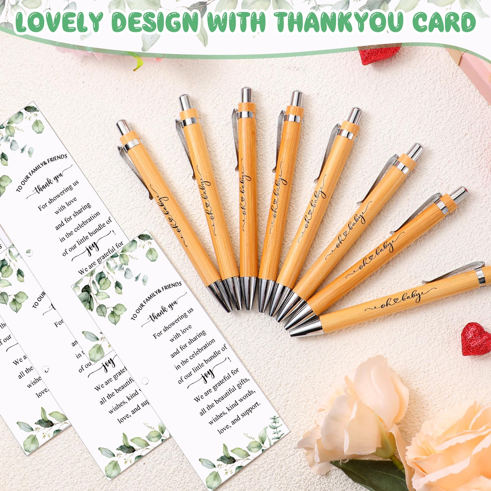 Yeaqee 100 Sets Woodland Safari Baby Shower Favors - Greenery Themed Guest Gifts with Retractable Bamboo Pens, Gender Reveal Cards & Souvenirs - Perfect for Baby Showers, Gender Reveal Parties & Thank You Prizes
