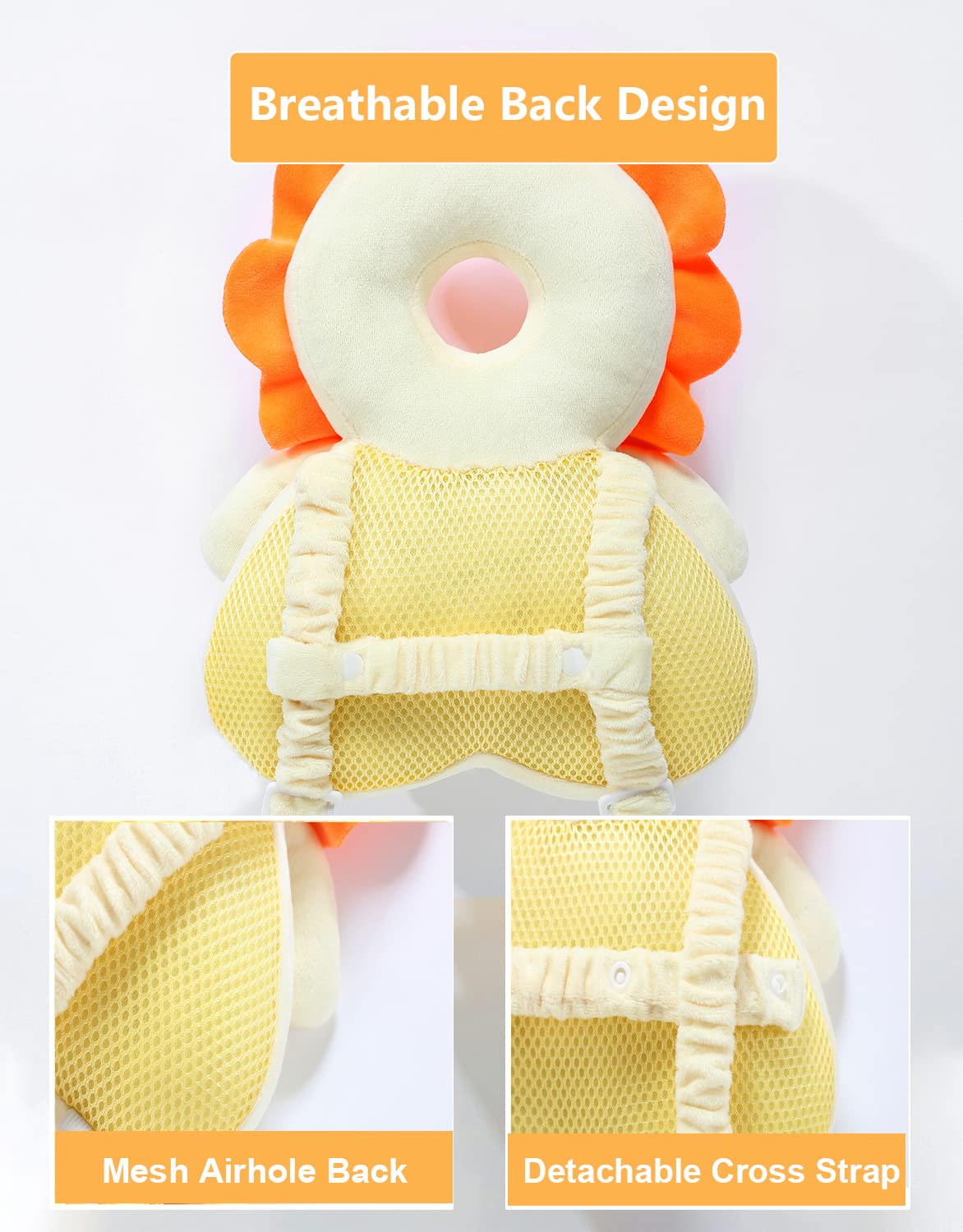 Baby Head Safety Protector Pad for Toddler Walkers - Soft Infant Head Protection Backpack Cushion with Talking Feature (Yellow Lion Design) - Prevent Bumps & Falls for Learning to Walk Babies