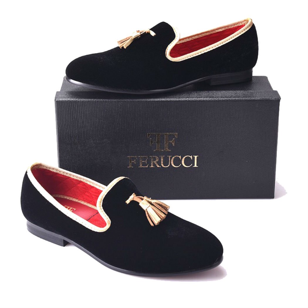 FERUCCI Black Velvet Loafers with Gold Tassel - Women's Elegant Dress Shoes for Wedding, Prom, Party & Special Occasions | Comfortable House Slippers for Bridesmaids and Formal Events