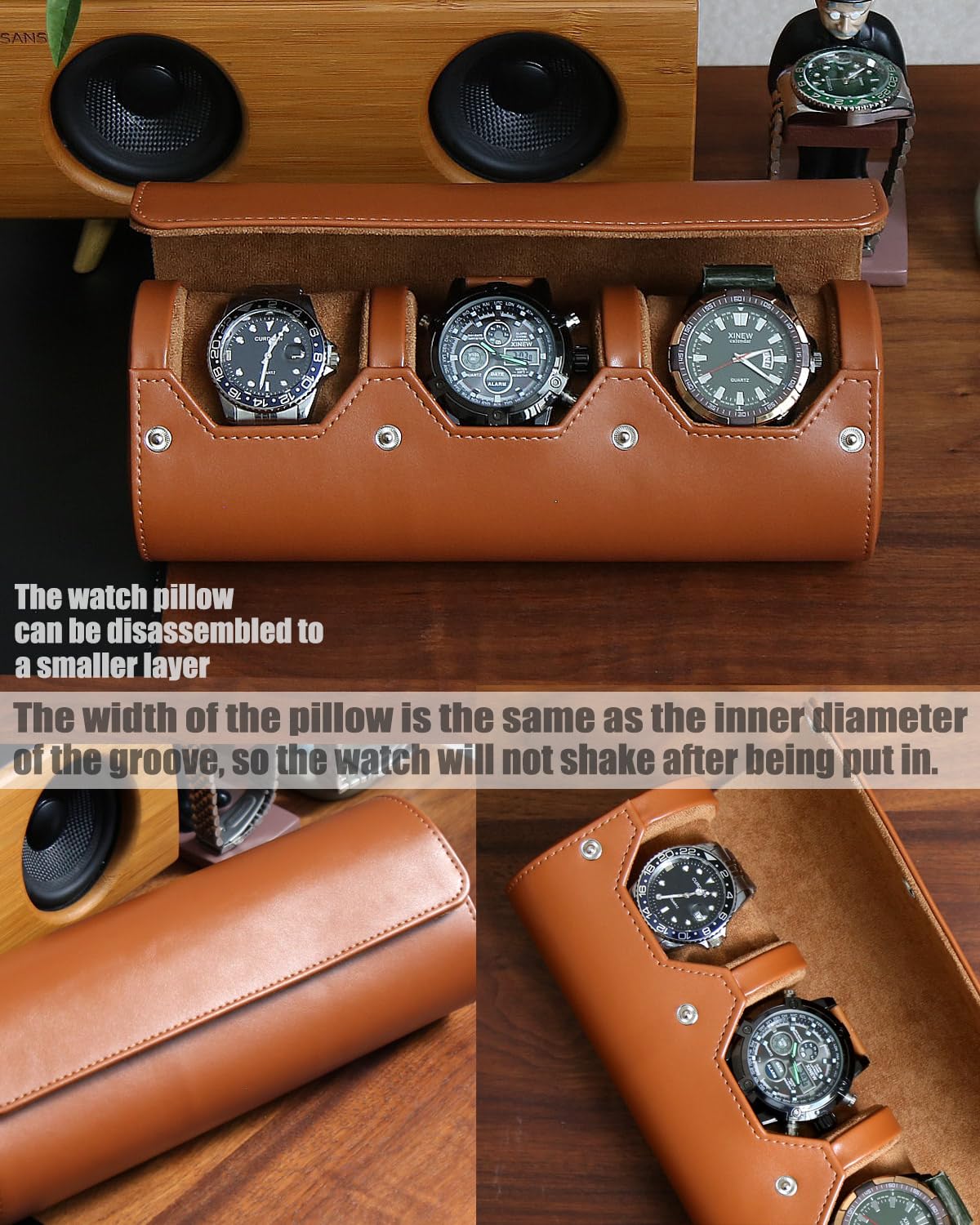 Premium Men's Watch Box Organizer - Portable Travel Watch Case with Velvet Lining for 3 Watches - Large Watch Storage Display (Light Brown) - Perfect for Travel, Home Display & Watch Collection Organization