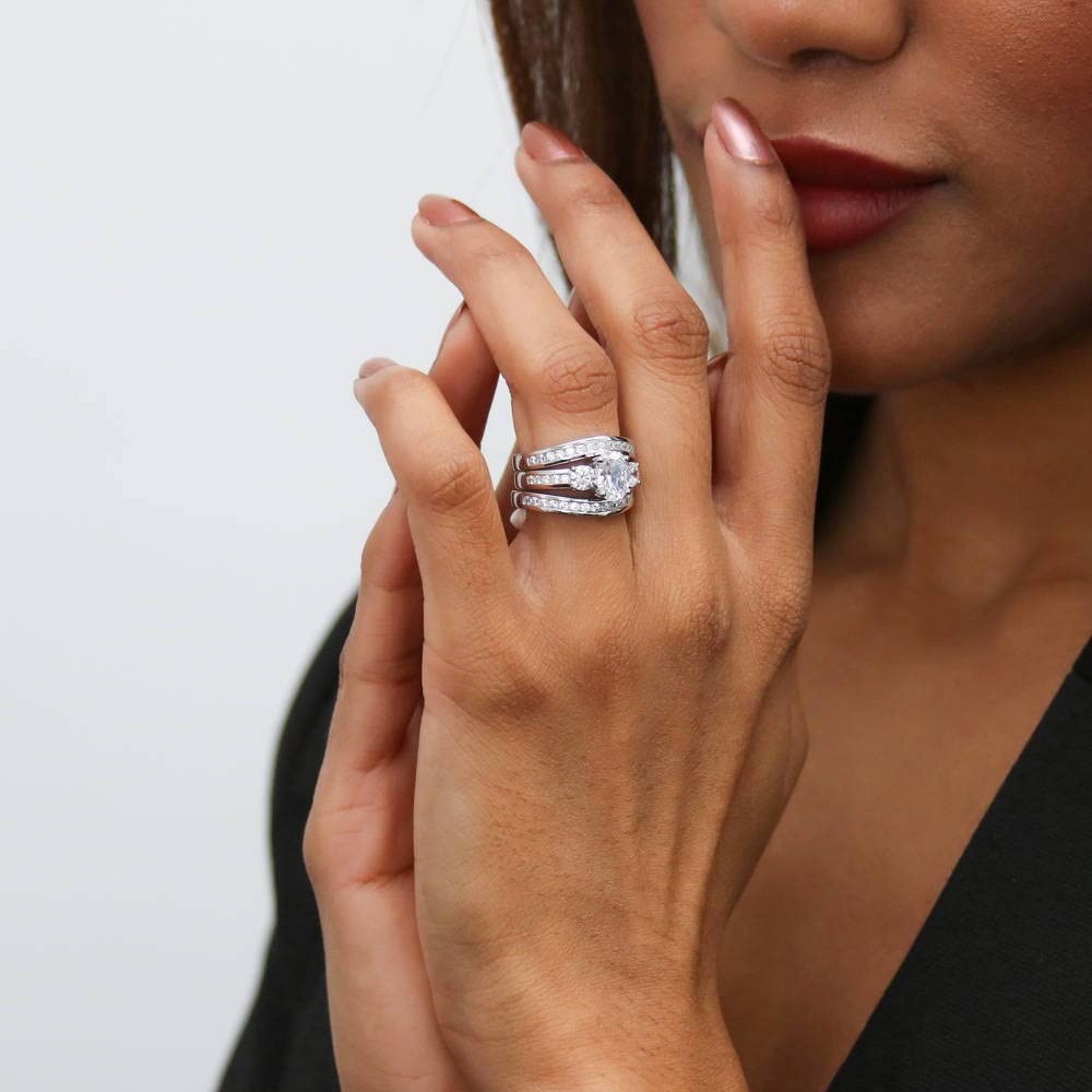 BERRICLE Sterling Silver 3-Stone Oval Cut Cubic Zirconia Engagement Ring Set for Women - 1.2 Carat CZ Wedding Band, Rhodium Plated Size 4-10 - Perfect for Proposals, Anniversaries & Bridal Jewelry