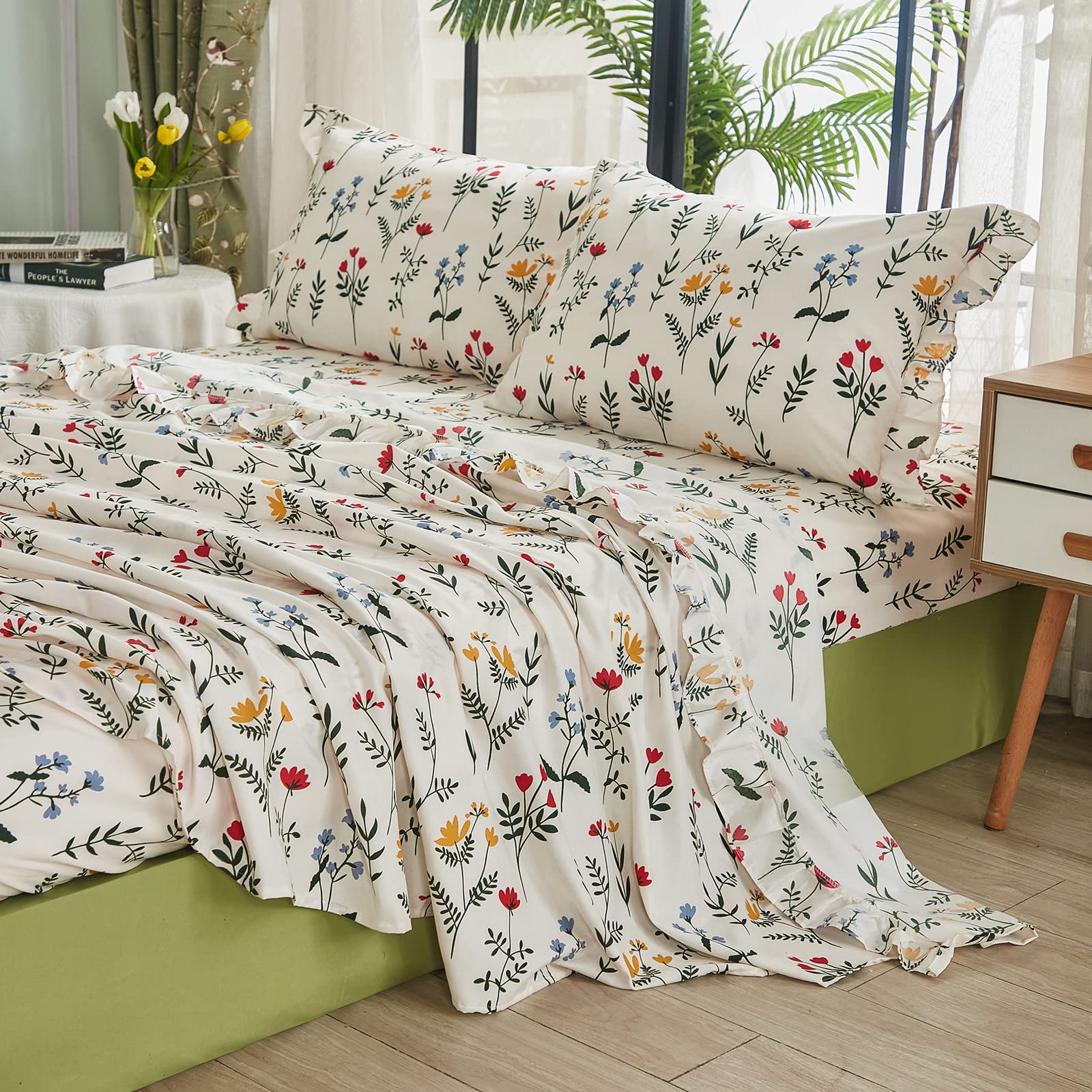 Bedorm Shabby Chic Floral Sheet Set Twin Size - 4 Piece Luxury Bedding with Deep Pocket (Fitted Sheet, Flat Sheet & 2 Pillowcases) - Yellow Blue Red Wild Flower Design - Perfect for Vintage Bedrooms, Guest Rooms & Cozy Farmhouse Decor
