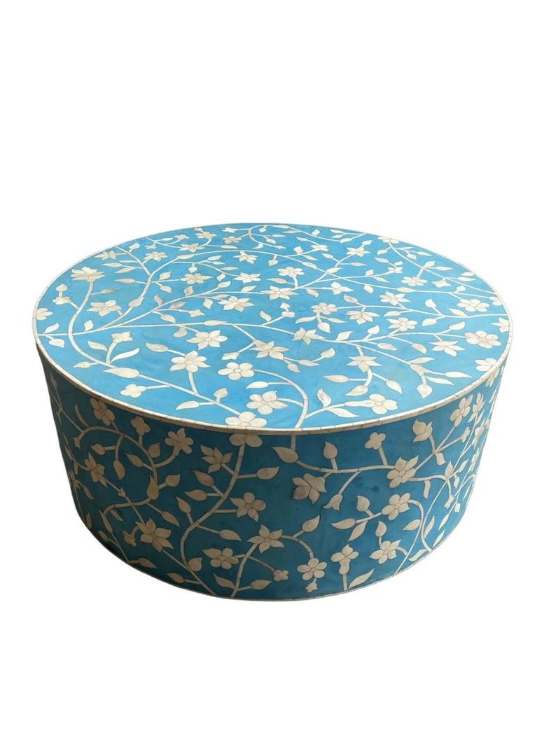 Handmade Indian Bone Inlay Round Coffee Table with Floral Pattern - Boho Chic Living Room Furniture for Home Decor