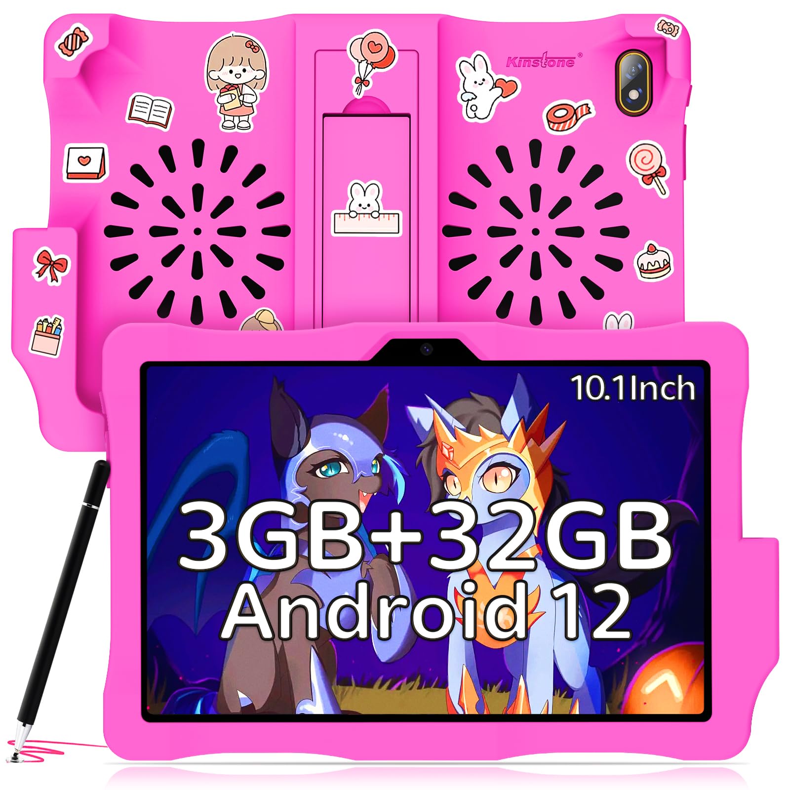 10.1 Inch Android 12 Kids Tablet with Parental Control - 3GB RAM 32GB Storage, 6000mAh Battery, HD IPS Screen - Shockproof Case Included for Safe Learning & Entertainment | Perfect for Homeschooling, Travel & Birthday Gifts (Pink)