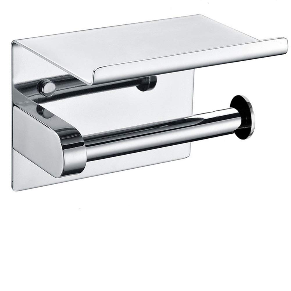 Stainless Steel Toilet Paper Holder with Phone Shelf - No Drill 3M Adhesive or Wall Mount, Chrome Bathroom Organizer for Phones & Toilet Rolls - Perfect for Small Bathrooms & Apartments