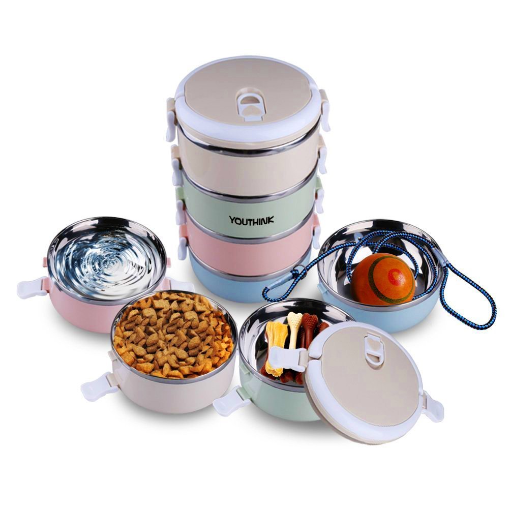 Spill-Proof 304 Stainless Steel Pet Travel Bowl - Multi-Layer Dog & Cat Food/Water Container with Hidden Handle for Outdoor Hiking, Camping, Car Trips (4-Layer, Portable Raised Feeder) - Perfect for Travel, Picnics & Daily Feeding