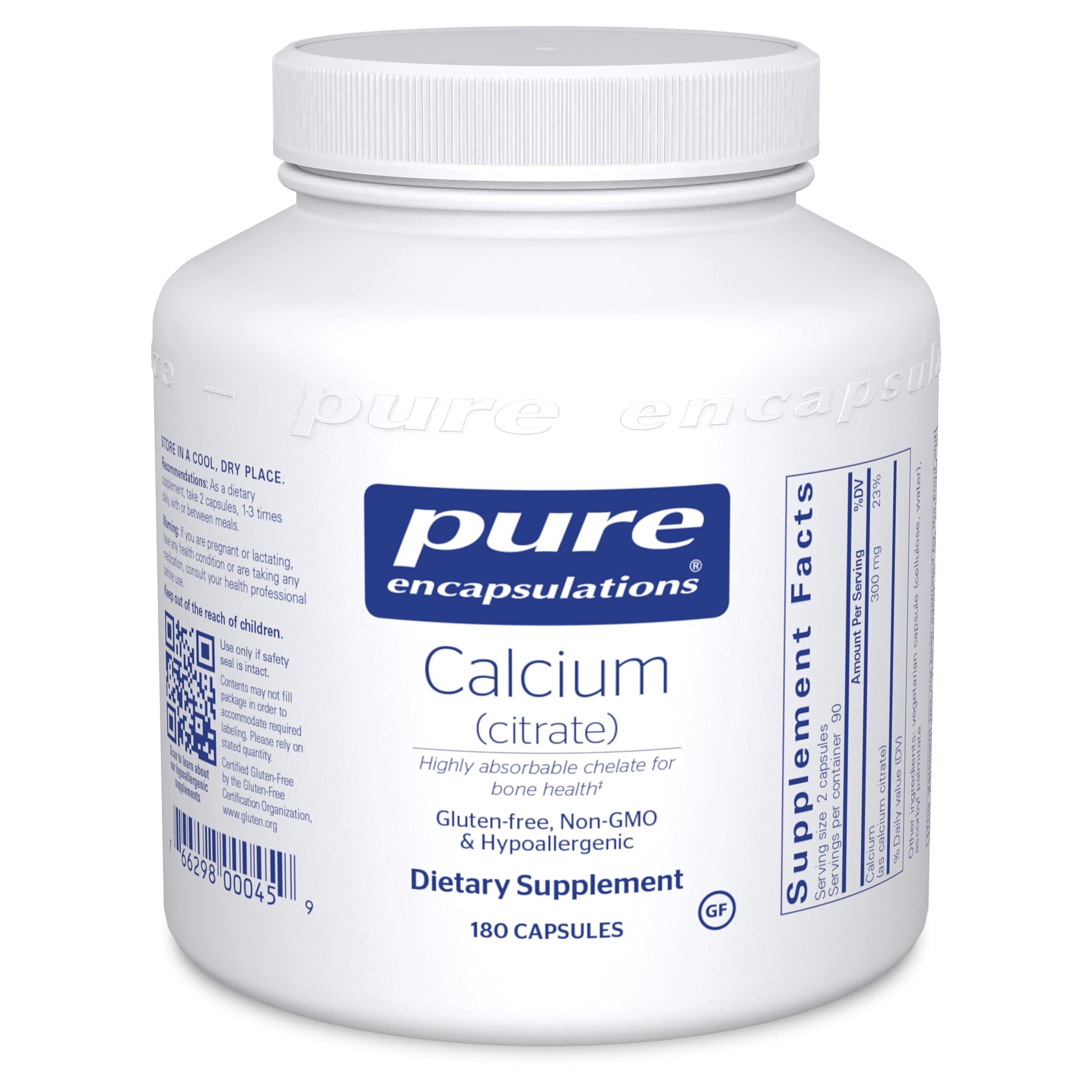 Pure Encapsulations Calcium Citrate Supplement - 180 Capsules for Strong Bones, Teeth & Heart Health | Supports Colon Function | Essential Mineral for Active Adults & Seniors