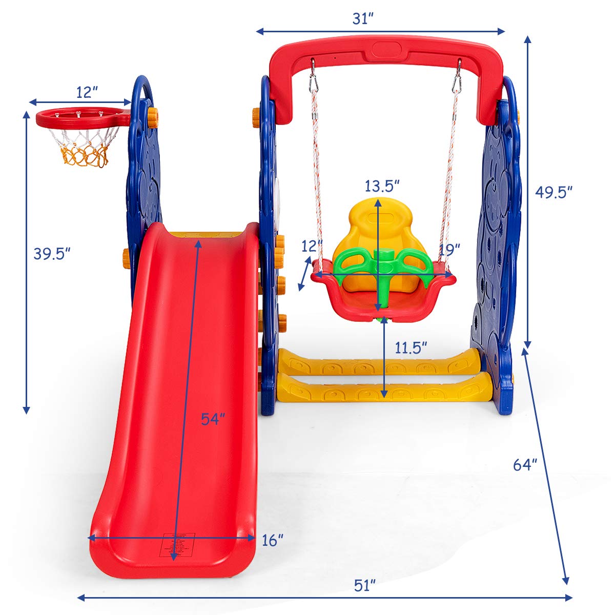 Costzon 3-in-1 Toddler Swing and Slide Playset with Basketball Hoop - Large Outdoor Climber Set for Kids Ages 3-10 - Sturdy Long Slide, Safety Stairs & Thickened Panels - Perfect for Backyard, Garden & Indoor Play - Great Birthday & Holiday Gift for Boys & Girls