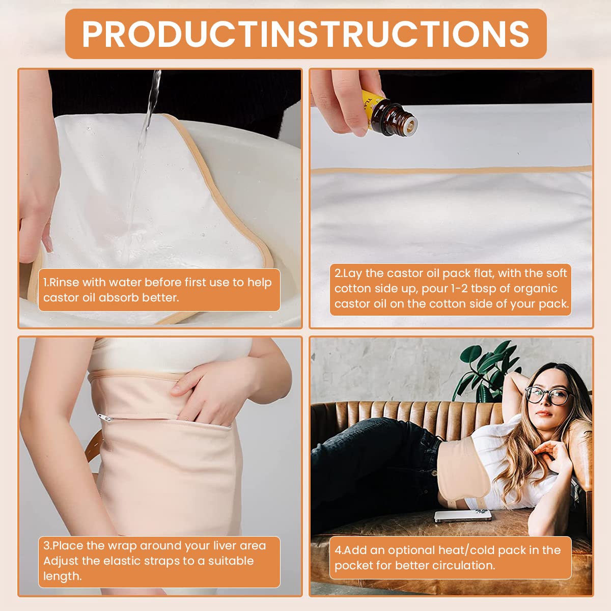 HANNEA® Organic Castor Oil Pack Kit - Reusable Waist & Neck Wrap for Liver Detox, Thyroid Support, Constipation Relief & Inflammation Reduction | Natural Pain Relief Therapy for Home Use