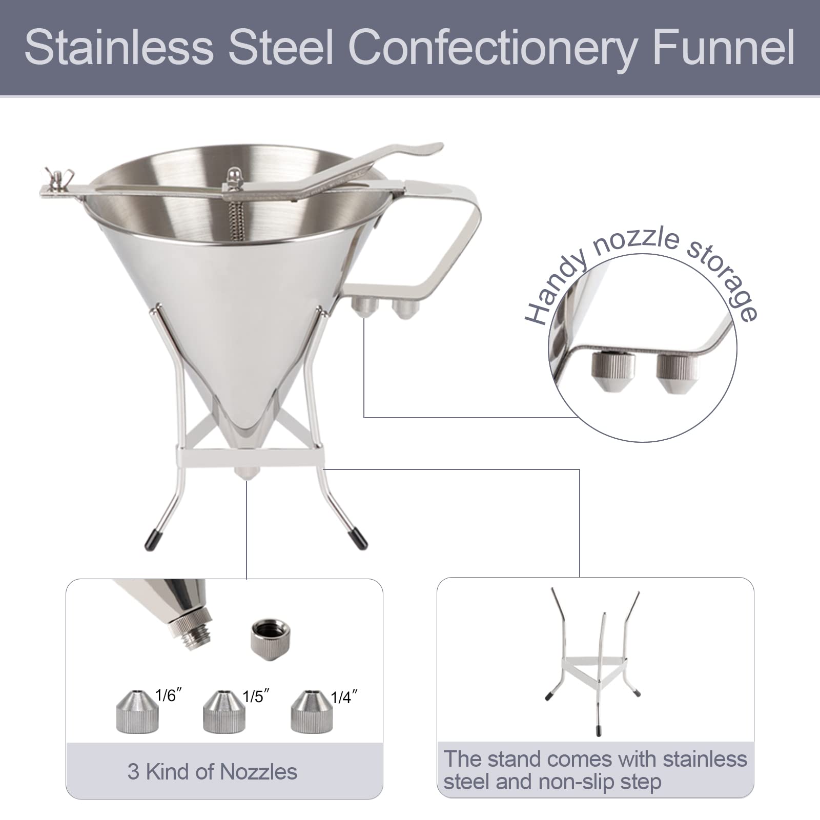 Stainless Steel Confectionery Funnel with Stand & 3 Nozzles - Commercial Grade Cake Decorating Tool for Precise Batter Dispensing - Perfect for Home Kitchen, Cupcake Baking, Pastry Filling & Candy Making