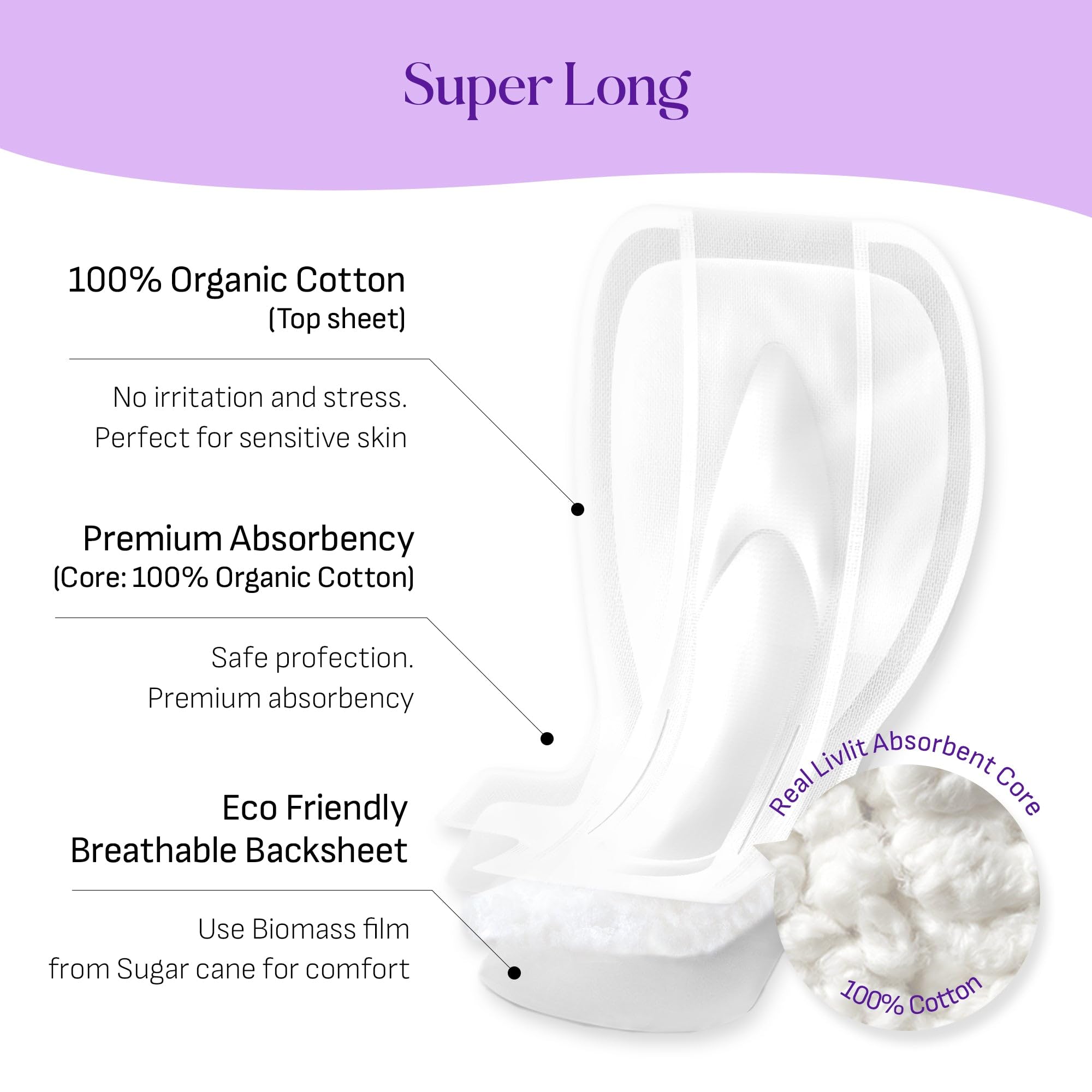 Organic Cotton Overnight Sanitary Pads for Women - Heavy Absorbency, Leak Proof, Unscented, Extra Long Length - 100% Texas Grown Cotton (10 Count) - Ideal for Heavy Flow Days, Postpartum Care & Comfortable Nighttime Protection