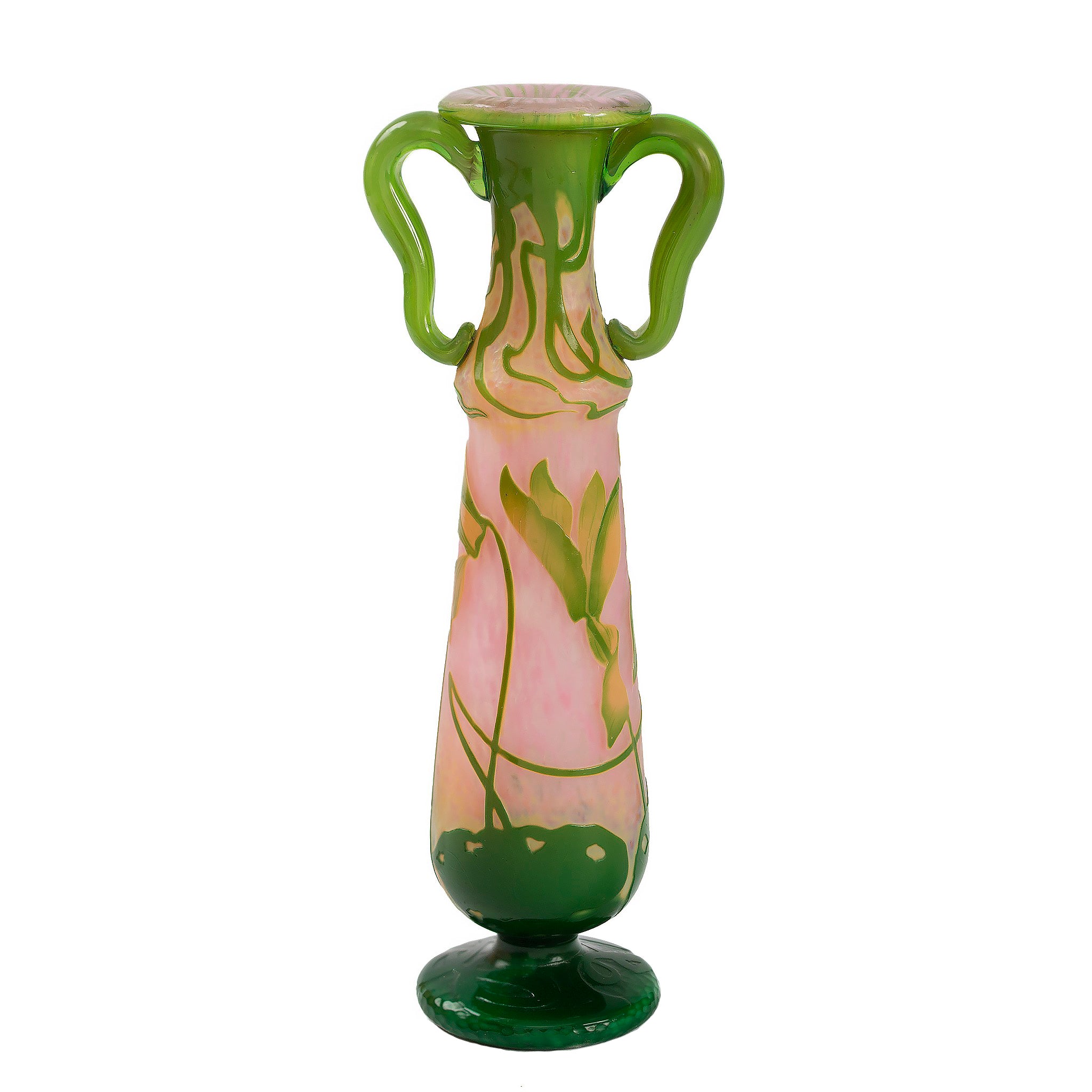 Daum Nancy Enameled & Etched Cyclamen Glass Vase with Handles - Antique French Art Nouveau Floral Decor for Home, Wedding Centerpiece, Gift for Collectors
