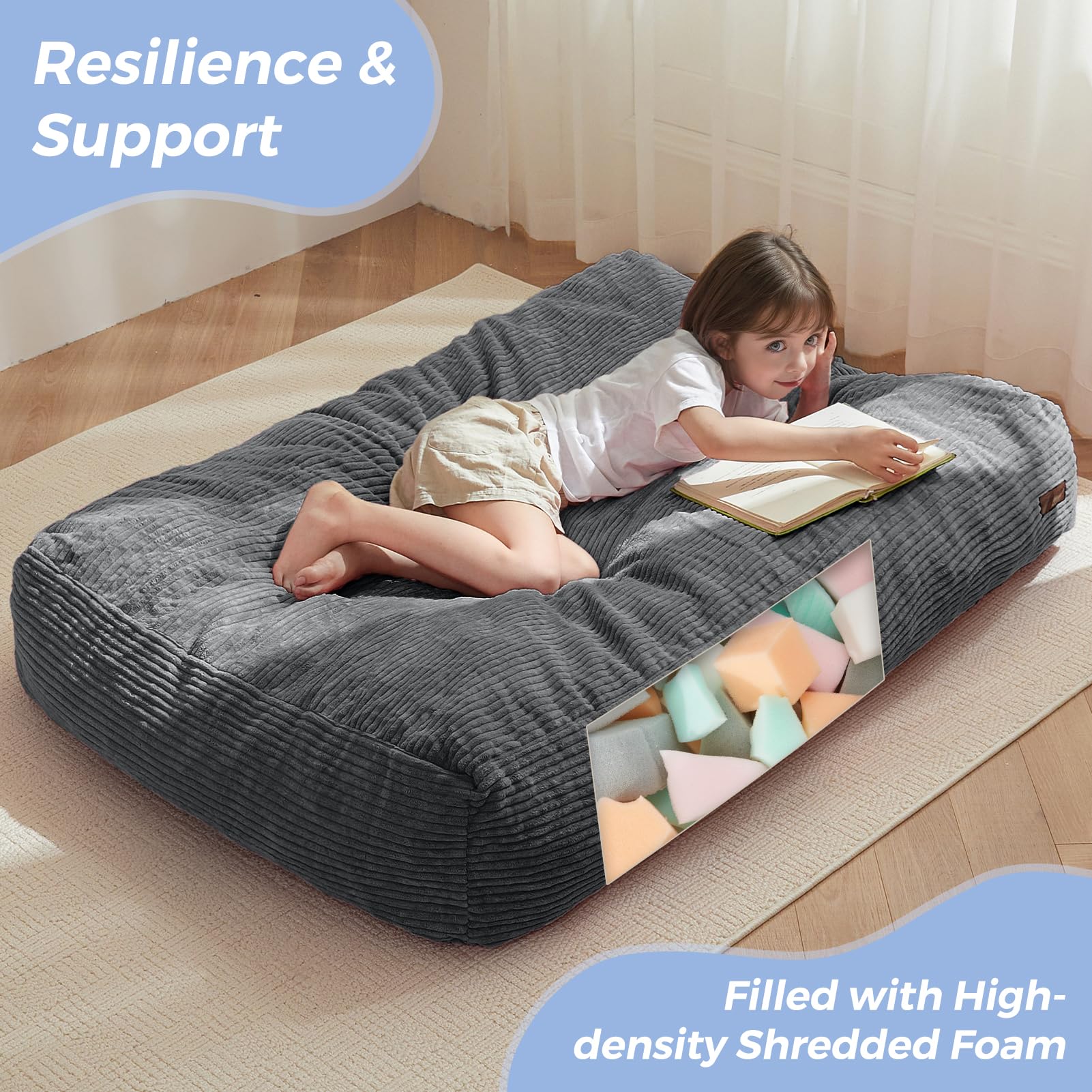 MAXYOYO Kids Corduroy Bean Bag Chair - Convertible to Floor Mattress, Dark Grey - Perfect for Playrooms, Bedrooms & Lounging