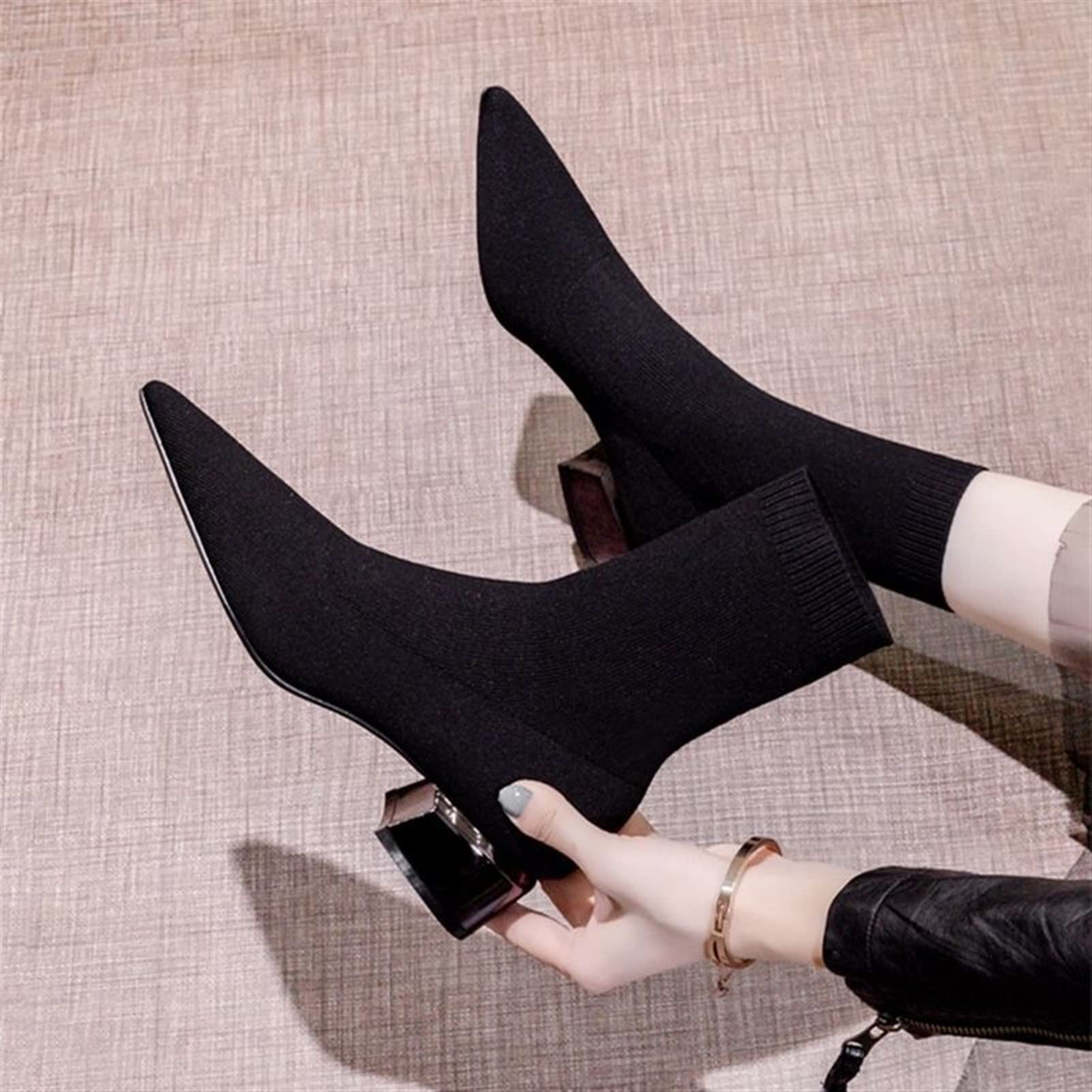 Women's Fashion Thin Boots - High Heel Pointed Toe Mid Calf Boots for Autumn & Spring | Knit Socks with Thick Heel | Black Size 6 | Perfect for Office Wear, Date Nights & Fall Fashion Outfits
