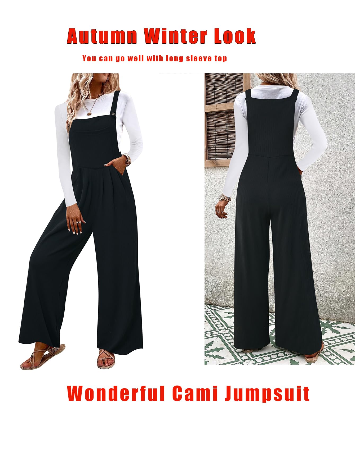 OYOANGLE Women's Waffle Knit Wide Leg Pinafore Jumpsuit with Pockets - Stylish Overalls Romper for Casual Outings, Date Nights & Fall Fashion