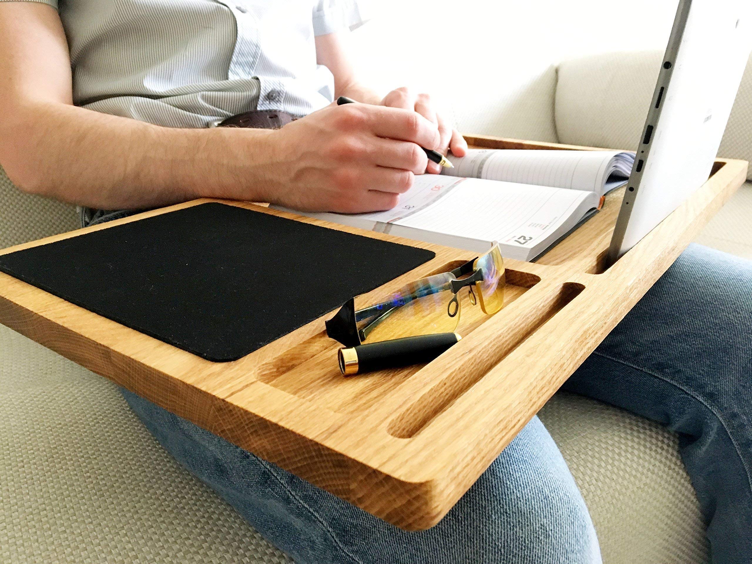 Personalized Solid Oak Wood Lap Desk with Mouse Pad & Slots for iMac, iPhone, Laptop Stand | Portable Workstation for Office, Home, Bed, Couch | Perfect Gift for Men, Women, Professionals & Students