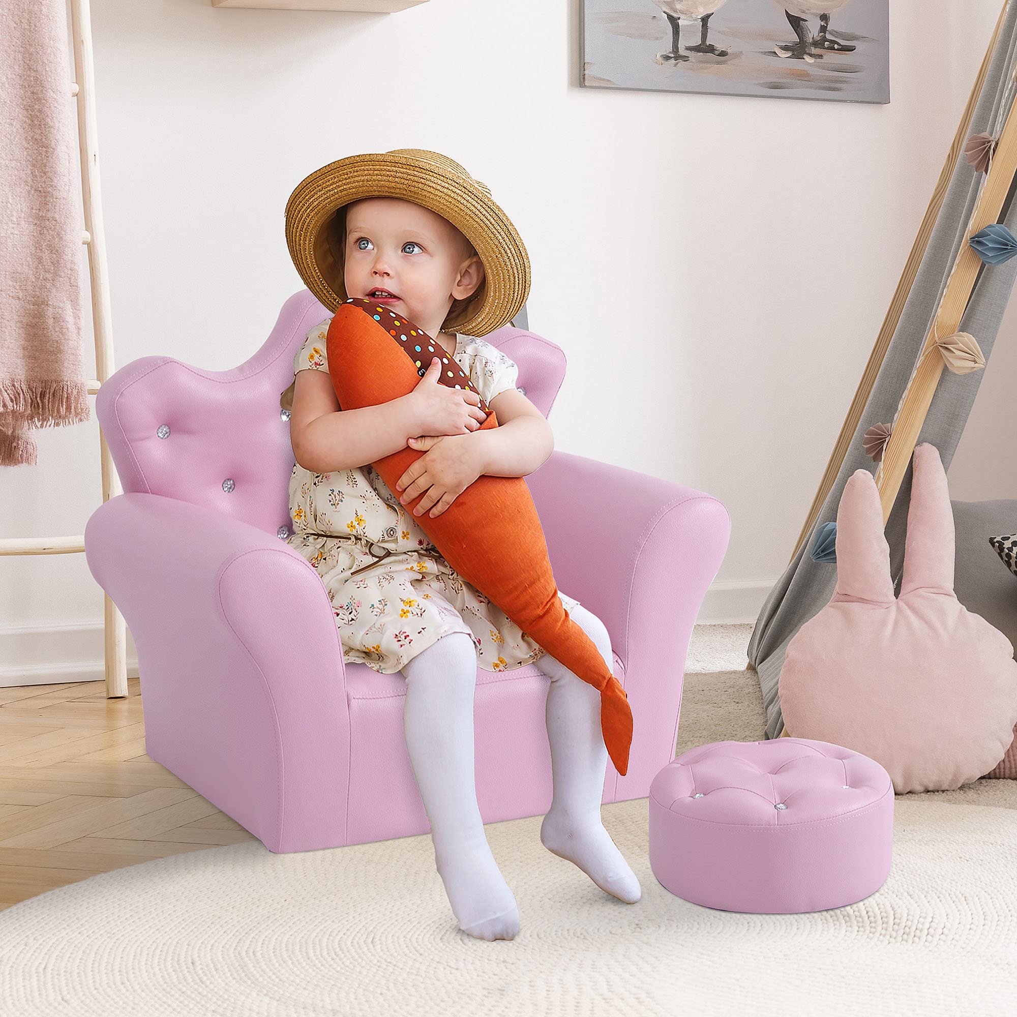 Qaba Kids Sofa Set - Pink Upholstered Princess Sofa with Footstool & Diamond Decorations, Toddler Chair for Girls & Boys, Perfect for Playroom, Bedroom & Nursery Decor