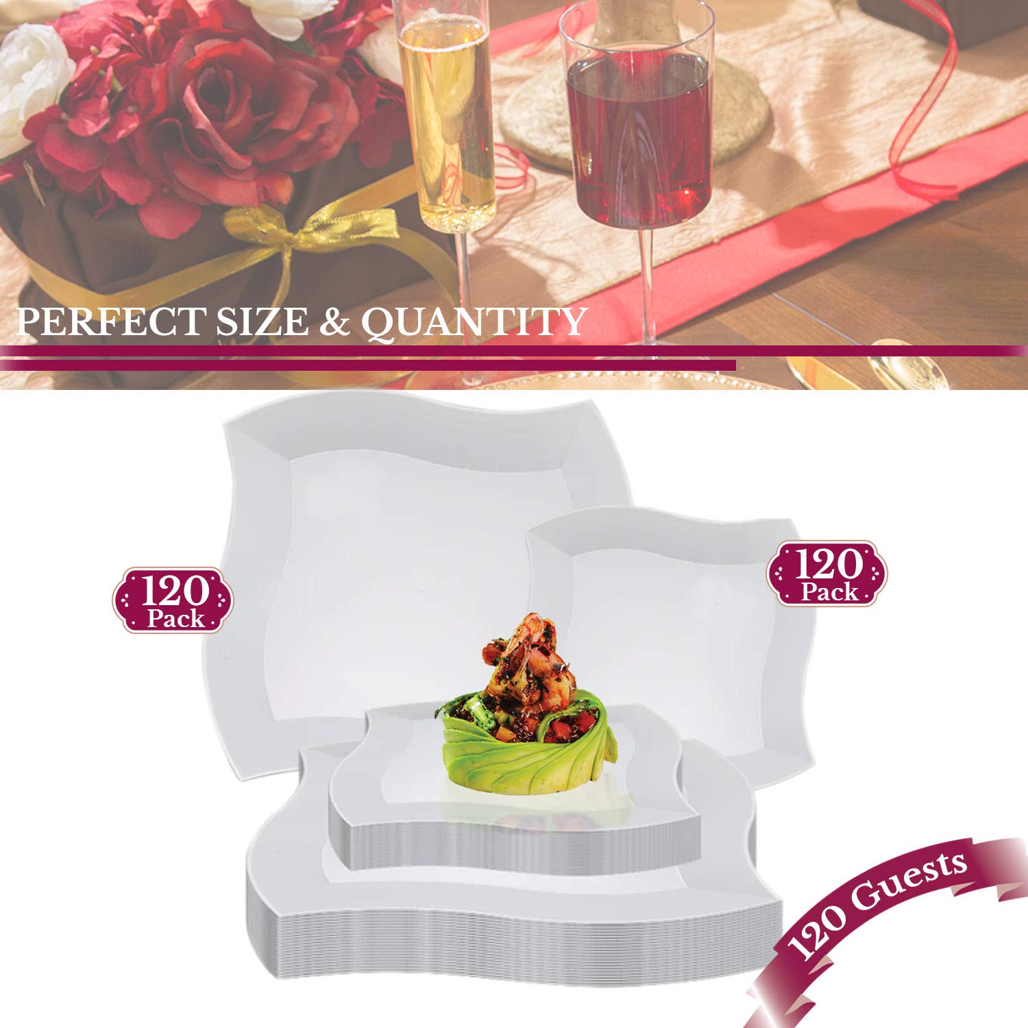 Elegant Disposable Plastic Dinnerware Sets for Weddings & Parties - Heavy Duty Wave Design Plates (120-Piece Combo Set, White) - Perfect for Wedding Receptions, Birthday Celebrations & Special Events