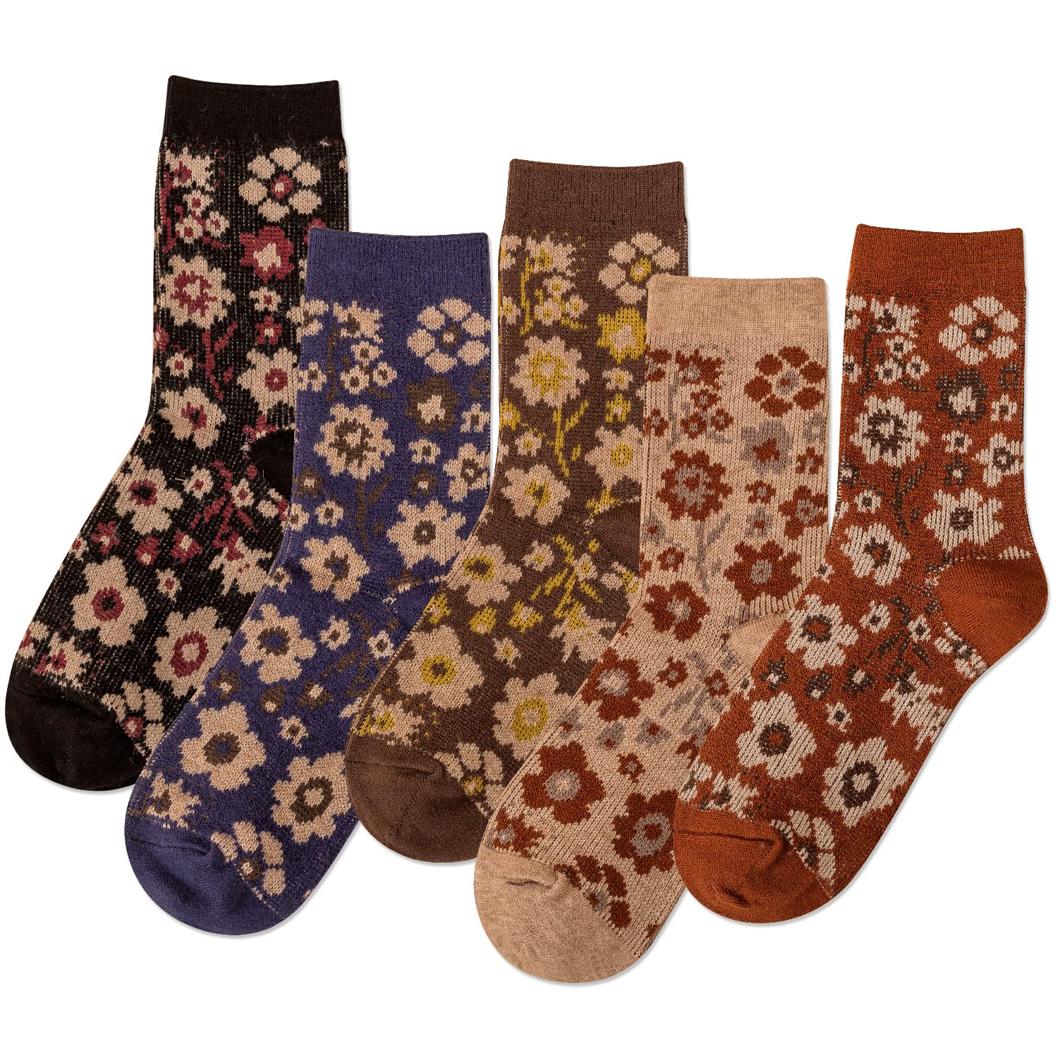 Vintage Wool Socks for Women - 5 Pairs Cozy Crew Socks with Unique Print | Christmas Gifts & Winter Wear