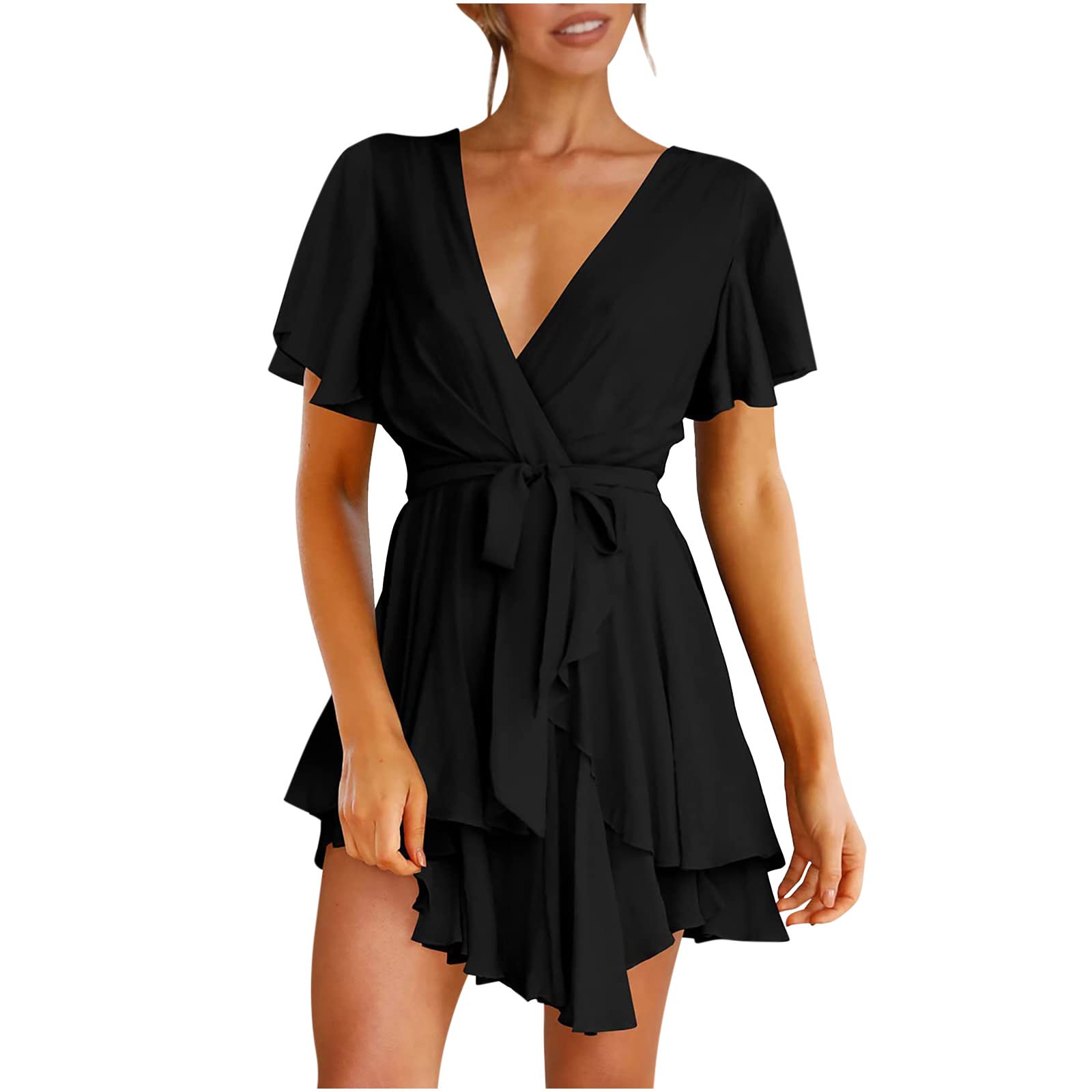 Women's Summer Short Sleeve Ruffle Mini Dress with Waist Tie - Flowy Swing Skater Dress for Casual Outings, Beach Vacations & Date Nights