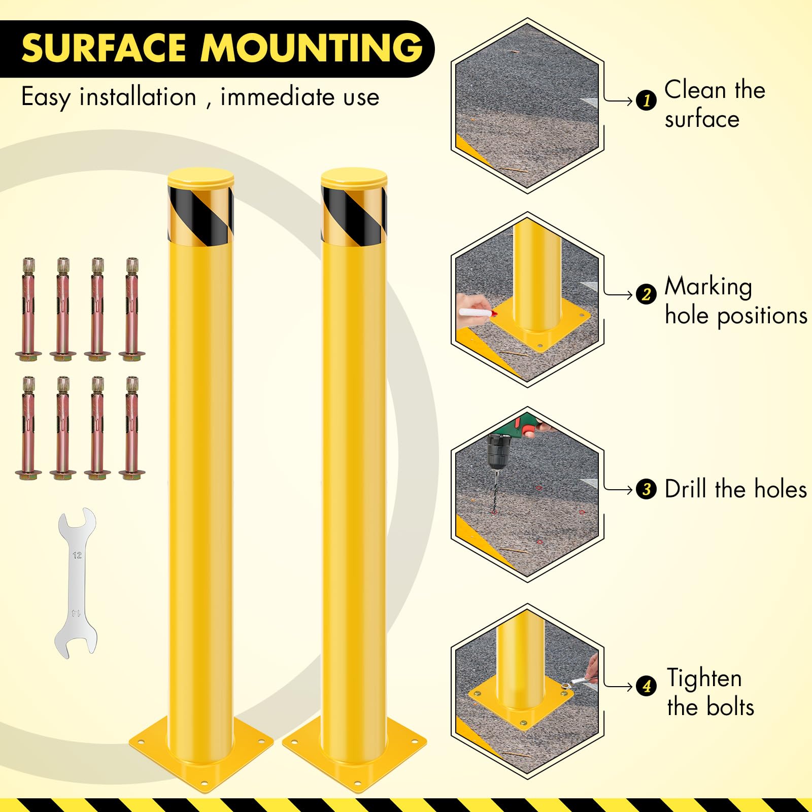 GARVEE 48 x 4.5 Inch Steel Safety Bollard Posts - Heavy Duty Yellow Traffic Parking Barriers (6 Pack) for Driveways, Warehouses & Commercial Property Protection