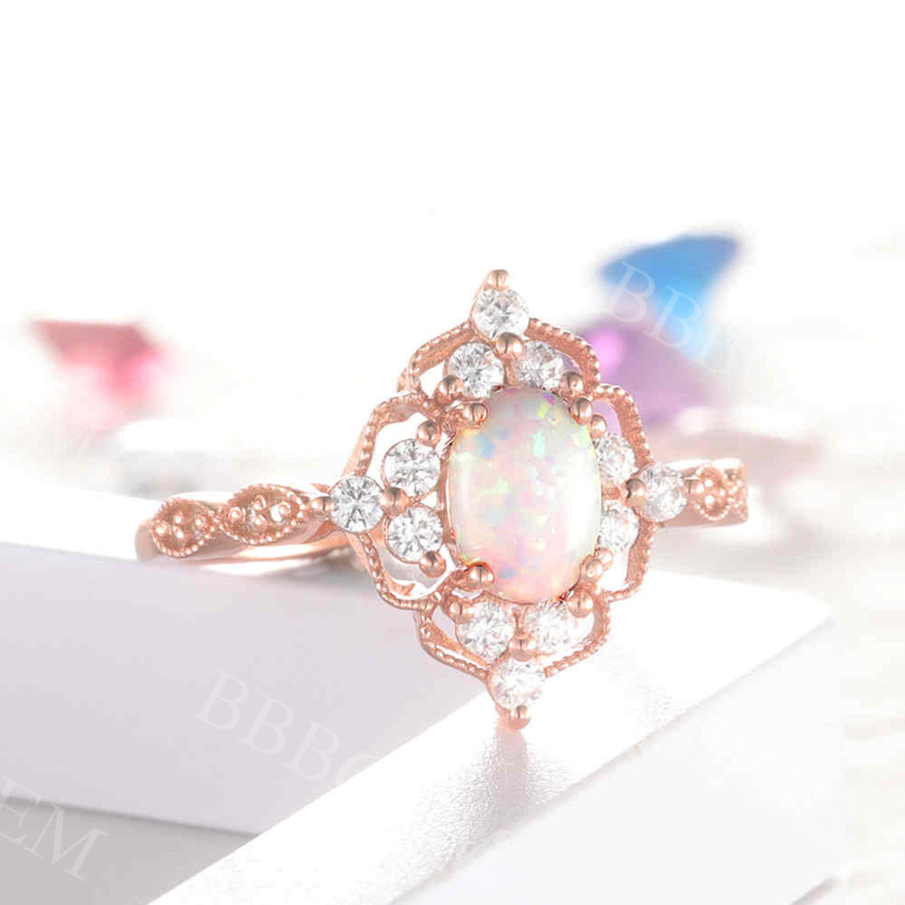Vintage Opal Engagement Ring 14K Rose Gold Oval Halo Diamond Wedding Band for Women - Perfect for Anniversary, Proposal & Special Occasions