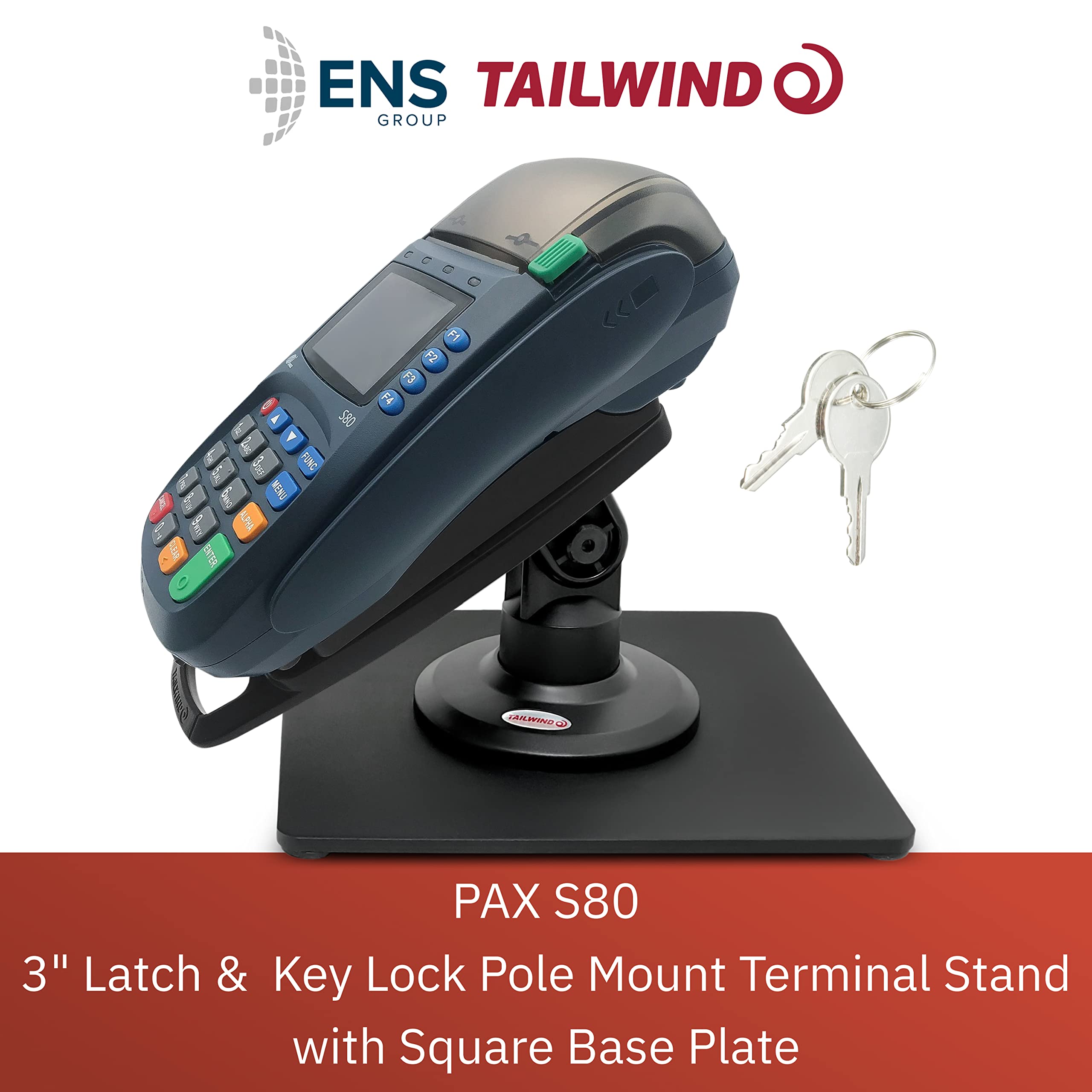 ENS Tailwind Pax S80 3-Inch Latch & Key Lock Compact Pole Mount Terminal Stand with Square Freestanding Base - Black | Secure Payment Kiosk for Retail Stores, Gas Stations & Outdoor Use
