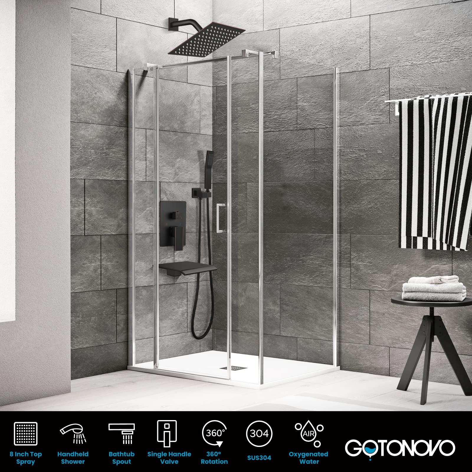 Gotonovo 8-Inch Oil Rubbed Bronze Rain Shower Faucet System Set - Wall Mounted Rainfall Shower Head with Handheld Sprayer, Waterfall Tub Spout, Mixer Combo, Rough-in Valve & Trim - Perfect for Modern Bathroom Renovation & Spa-Like Shower Experience