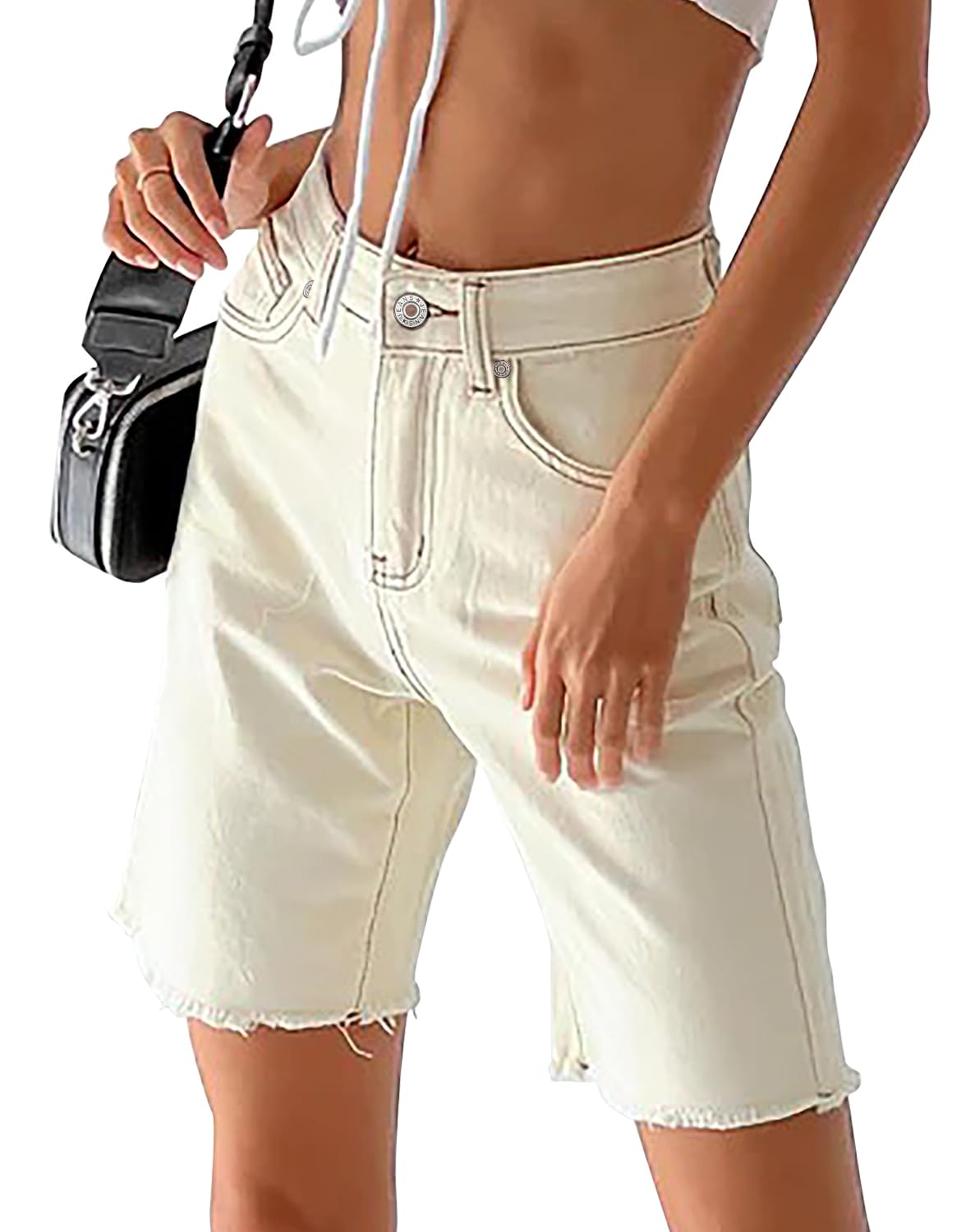 CHICZONE Women's Stretchy Bermuda Jean Shorts - Mid Waist Denim Shorts with Pockets for Casual Wear & Summer Outfits