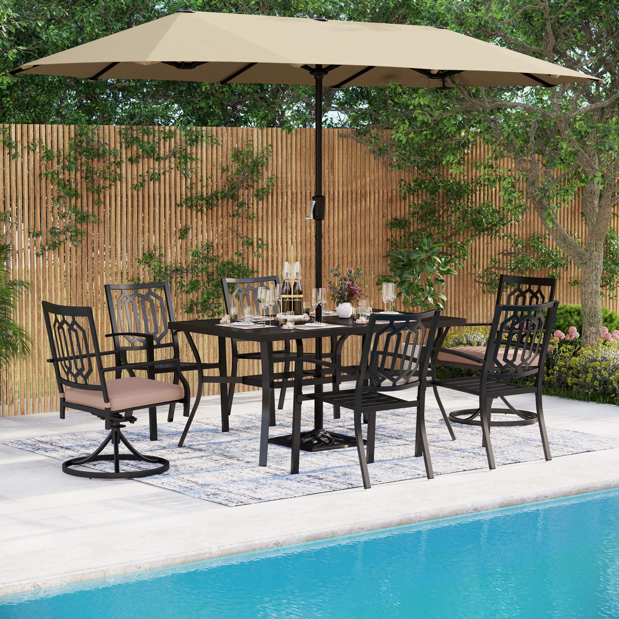 MFSTUDIO 8-Piece Outdoor Patio Dining Set with 4 Stackable Chairs, 2 Swivel Chairs, Rectangular Metal Table & 13ft Beige Umbrella (Base Not Included) - Perfect for Backyard BBQs, Poolside Gatherings & Garden Entertaining