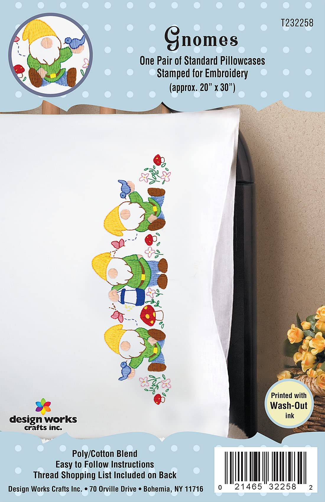 Tobin Gnomes Embroidery Stamped Pillowcases - White | Perfect for DIY Embroidery Projects, Home Decor, and Gift Giving
