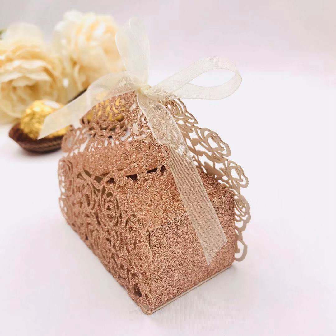 50pcs Rose Gold Mini Baptism Favor Boxes - Laser Cut Wedding Candy Boxes with Ribbons for Christian Baby Shower, Wedding Party Decorations & Gift Giving | Perfect for Baptism Favors, Wedding Souvenirs & Baby Shower Gifts