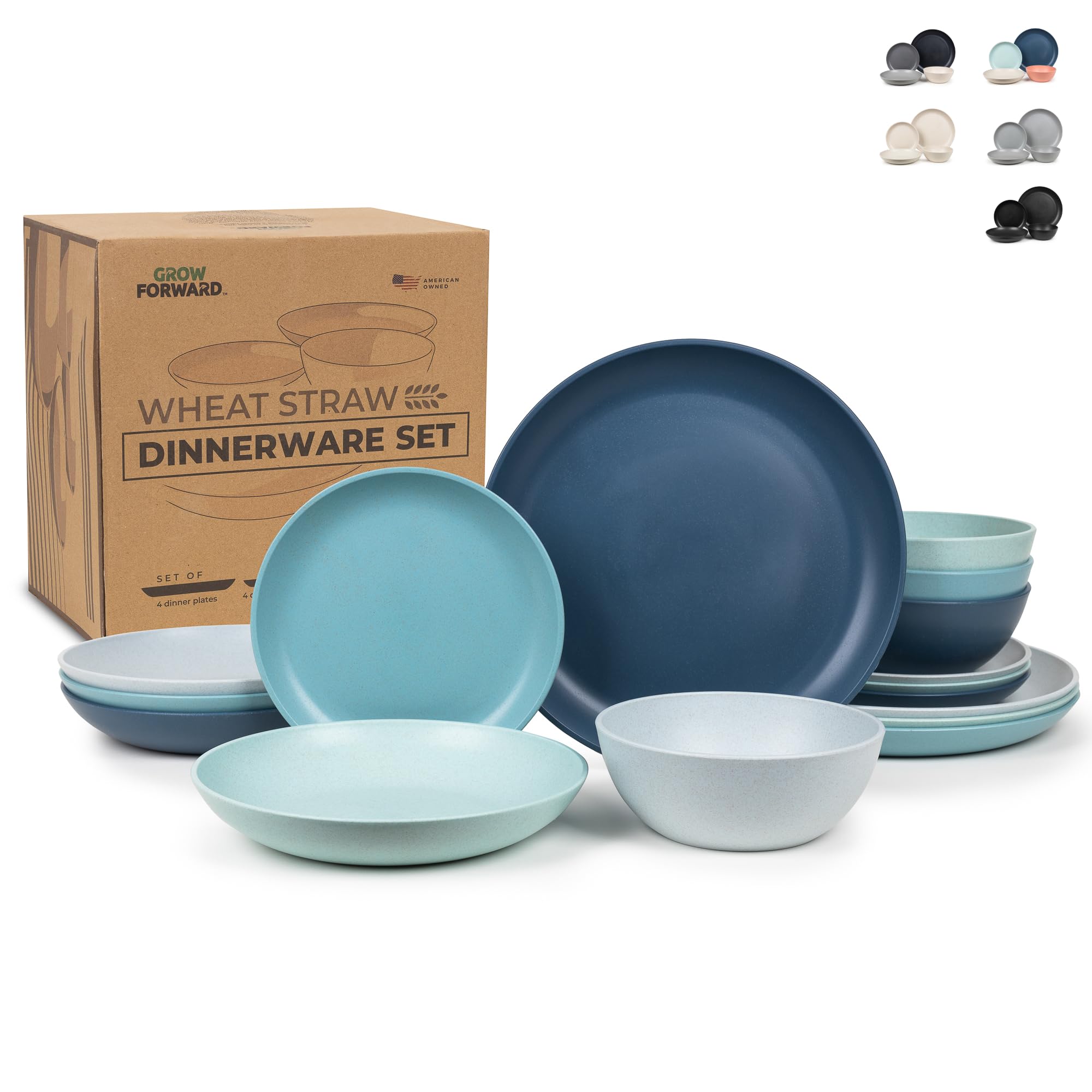 Premium 16-Piece Wheat Straw Dinnerware Set for 4 - Eco-Friendly Plates & Bowls (Dinner, Dessert, Pasta, Cereal) | Microwave Safe, BPA-Free | Perfect for RV Camping, Picnics & Outdoor Dining - Seascape Design