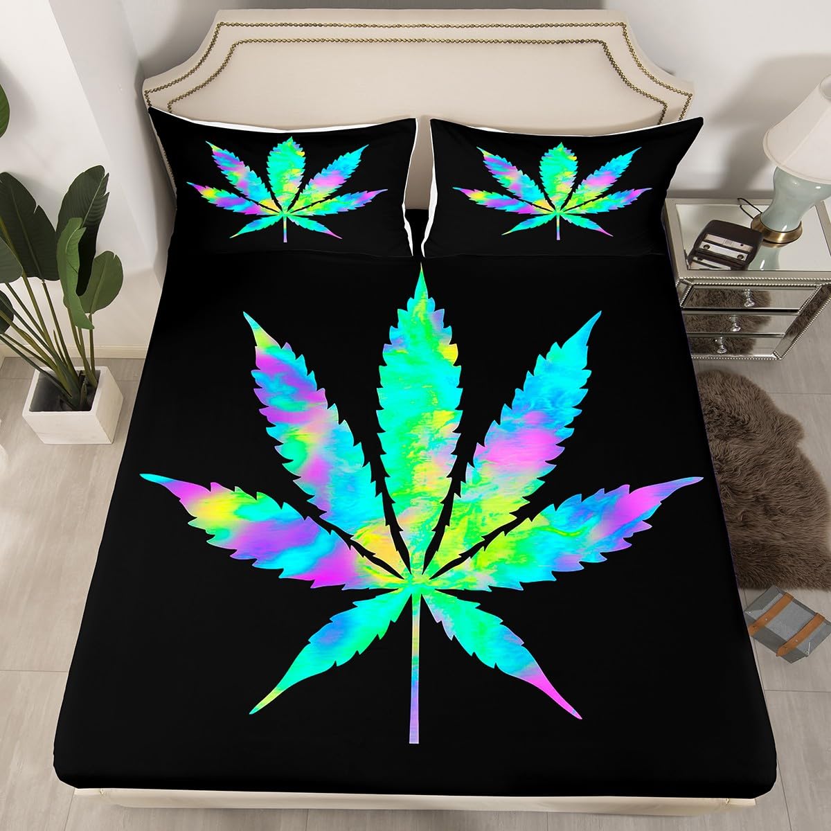 **Rainbow Cannabis Leaf Bed Sheets Set - 4 PC Full Size Tie Dye Botanical Sheets with Deep Pockets, Trippy Artwork & Weed Decor - Perfect for Stoner Aesthetic, Hippie Room Decor & Psychedelic Bedroom Themes**