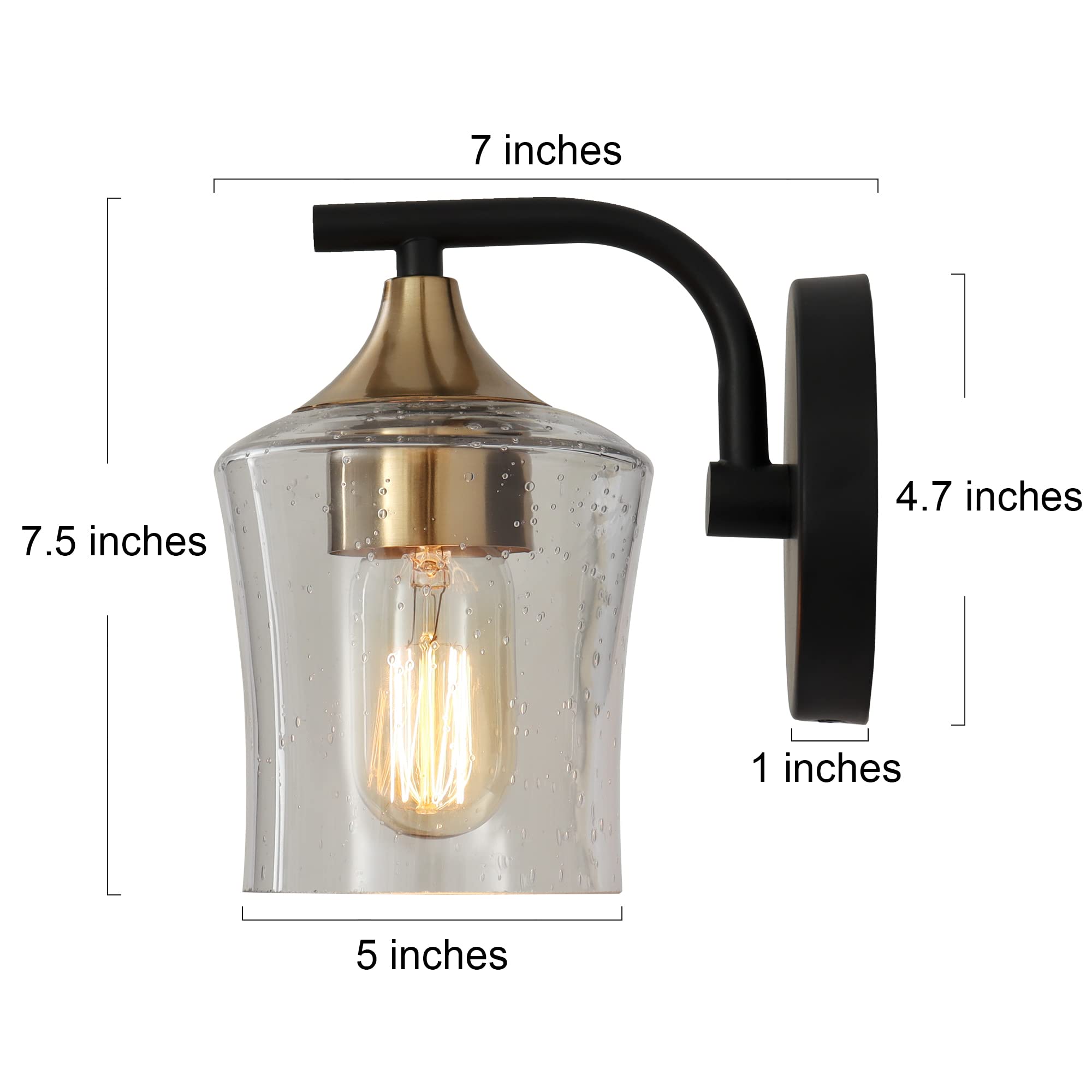 ZEVNI Modern Farmhouse Wall Sconces - Black & Gold 1-Light Vanity Lighting with Seeded Glass Shade | Perfect for Bedroom, Bathroom, Hallway & Entryway Decor