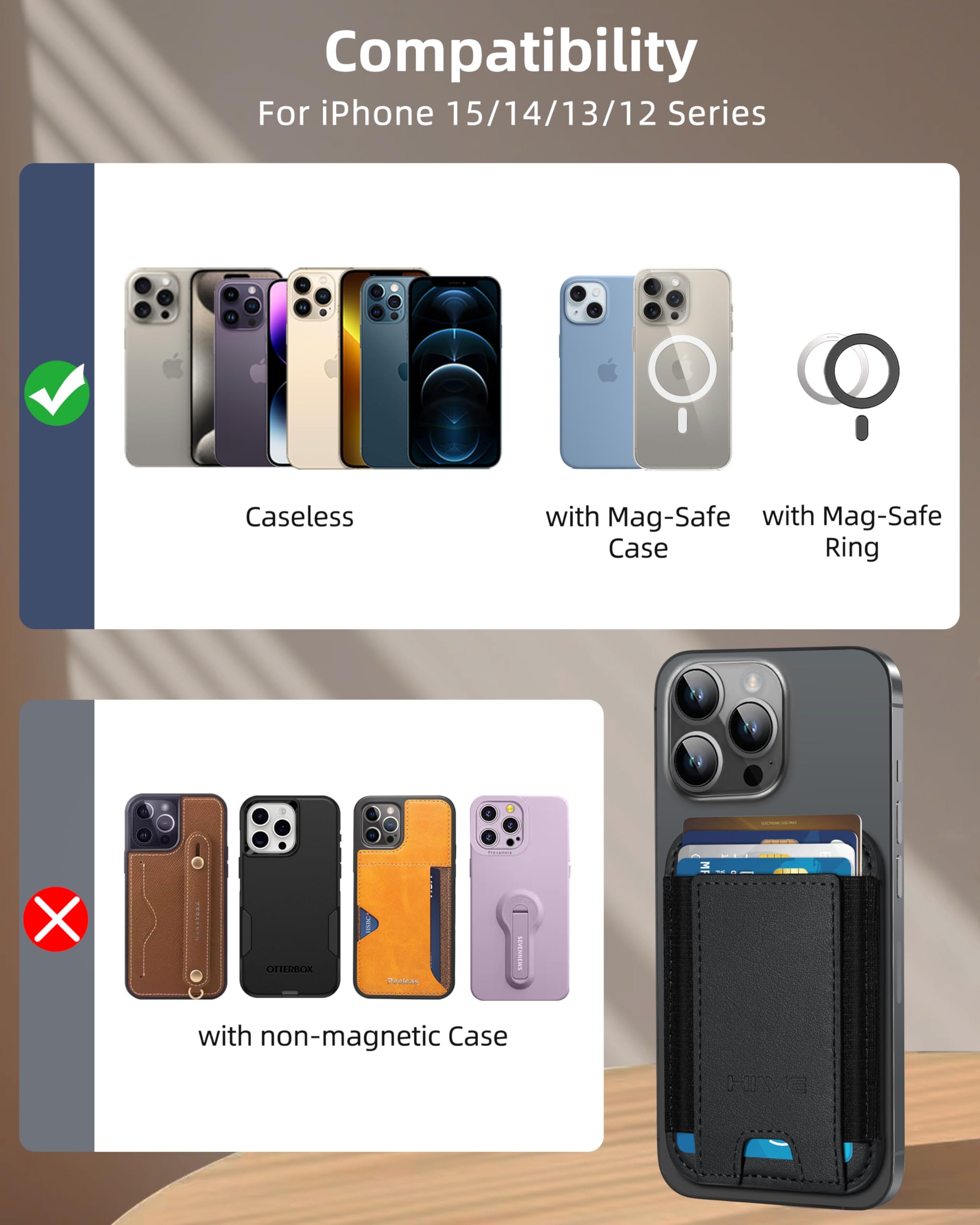 HiWe MagSafe Wallet with Rechargeable Find My Tracker - Slim Vegan Leather Magnetic Wallet for iPhone 16/15/14/13/12 Series | RFID Blocking, 1 Card Slot | Perfect for Travel, Work & Everyday Carry (Black)