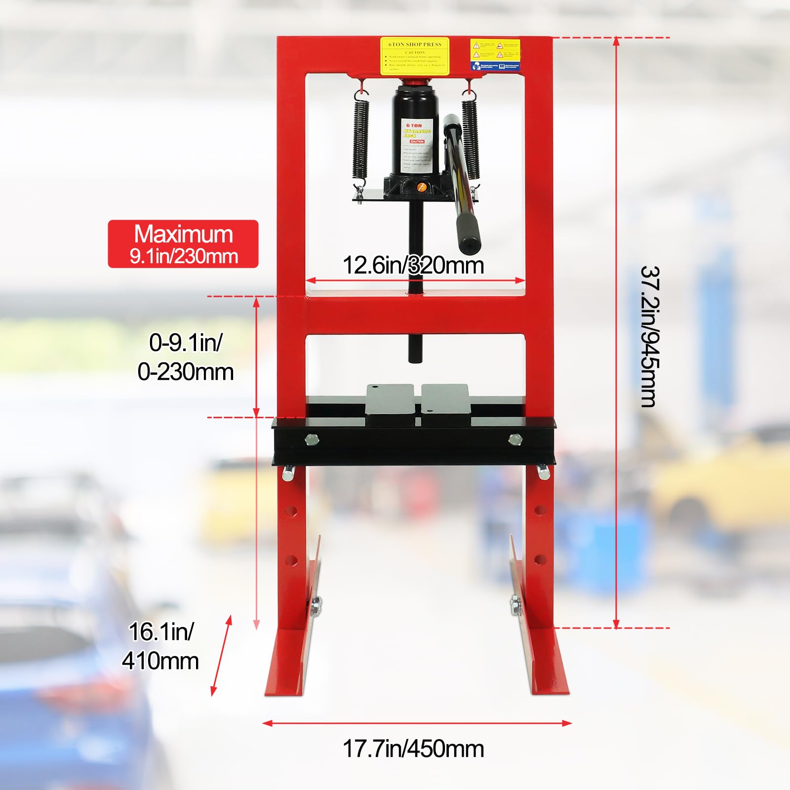 6 Ton Hydraulic Press - H-Frame Garage Floor & Benchtop Shop Press with Adjustable Plates for Metalworking, Woodworking & Auto Repair (Red)