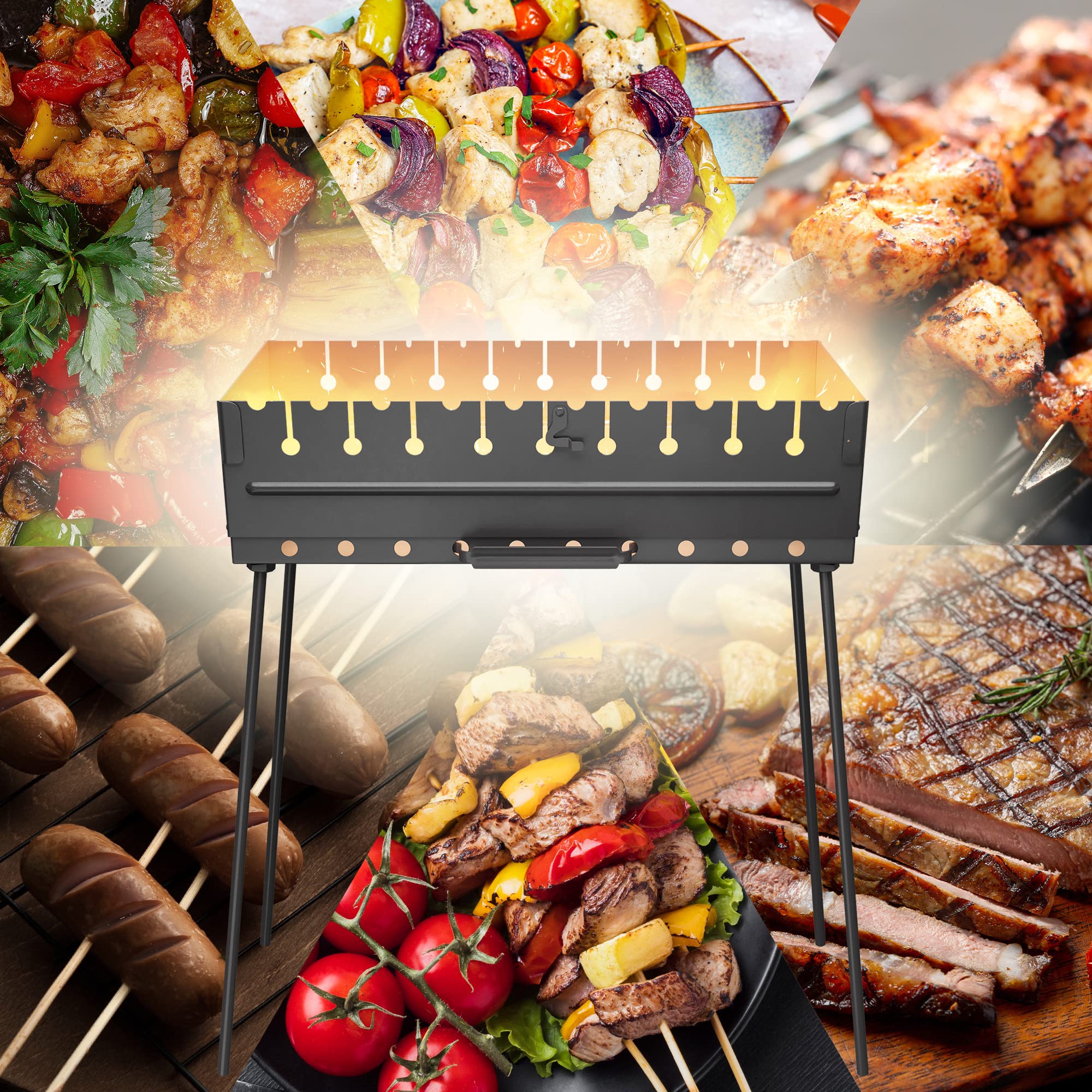 Portable Charcoal Grill for 10 Skewers - Foldable Metal BBQ Kabob Grill for Outdoor Cooking - Camping, Picnic, Hiking & Backyard Barbecue - Perfect for Shish Kebab, Grilling Meat & Vegetables