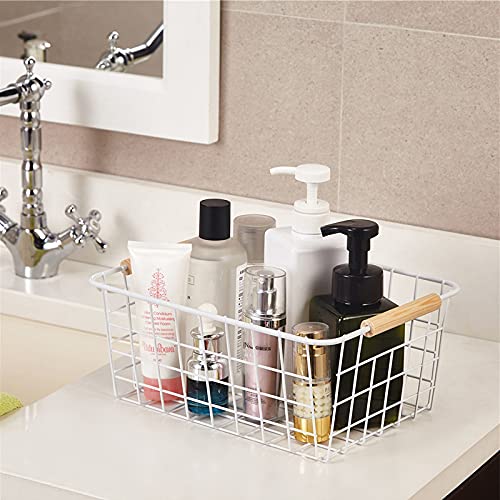 Farmhouse Style Metal Wire Baskets - 4 Pack White Kitchen Organizers with Built-in Handles for Refrigerator, Pantry, Cabinet & Bathroom Storage | Perfect for Food, Produce, Toiletries & Household Organization