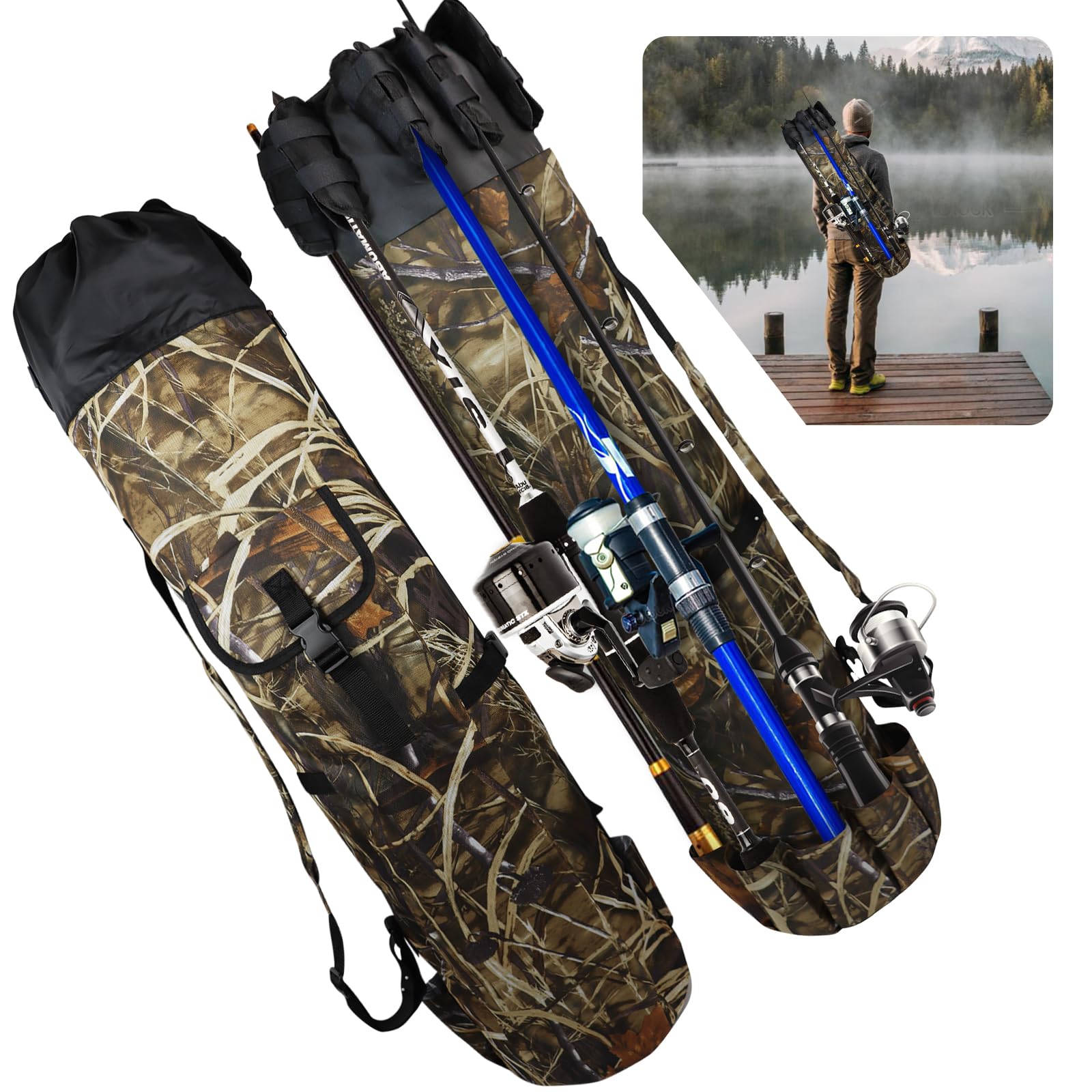 MXiiXM Durable Camouflage Fishing Rod Bag - Waterproof Oxford Fabric Fishing Pole Carrier Case for Men - Perfect for Travel, Storage & Fishing Gifts - Portable Fishing Gear & Equipment for Freshwater & Saltwater Anglers