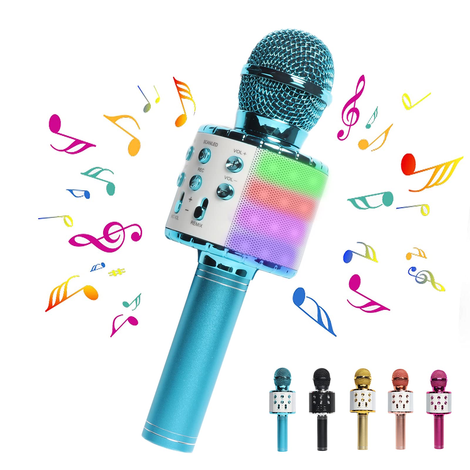 Kids Bluetooth Karaoke Microphone with LED Lights - Wireless Portable Handheld Mic Speaker for Girls, Boys & Adults (Blue) | Perfect for Home Parties, Singing Practice & Gift Giving