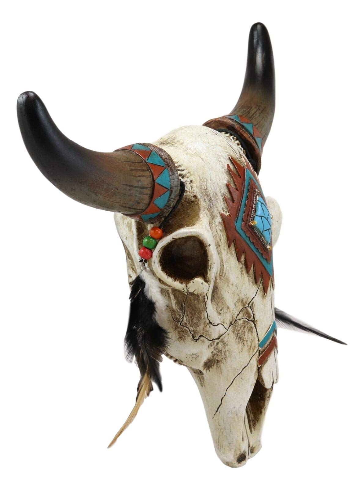 12.5 Inch Southwest Style Steer Bison Bull Cow Skull Wall Decor with Horns & Feathers - Rustic Western Home Decor for Living Room, Bedroom or Office - Handmade in USA