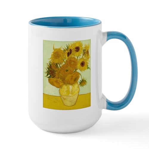 White/Blue Inside - Vase With Twelve Sunflowers By Vincent Large Mug