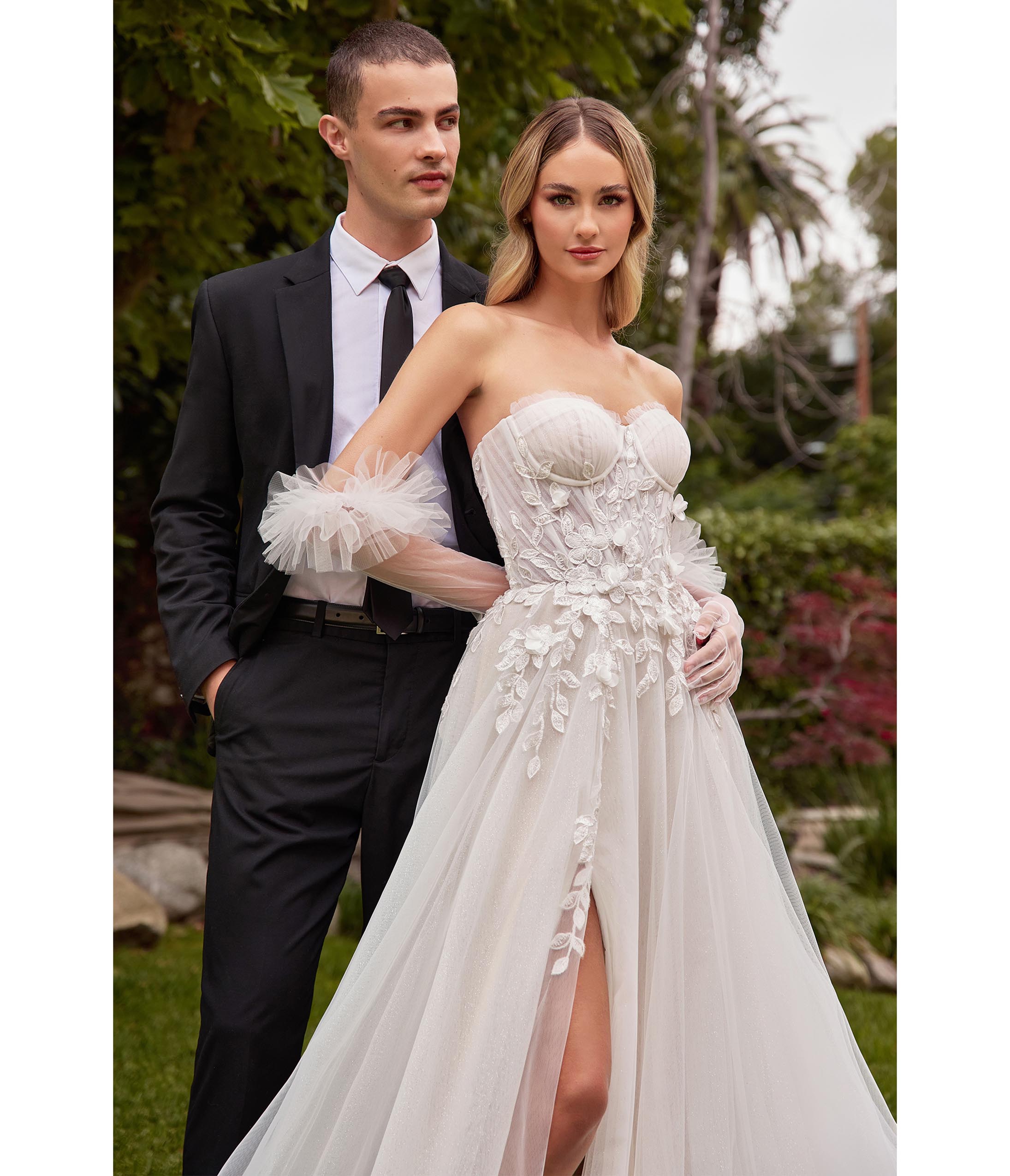 Ladivine by Cinderella Divine Off White Floral Strapless Wedding Dress with Gloves - Elegant Bridal Gown for Romantic Ceremonies & Photoshoots